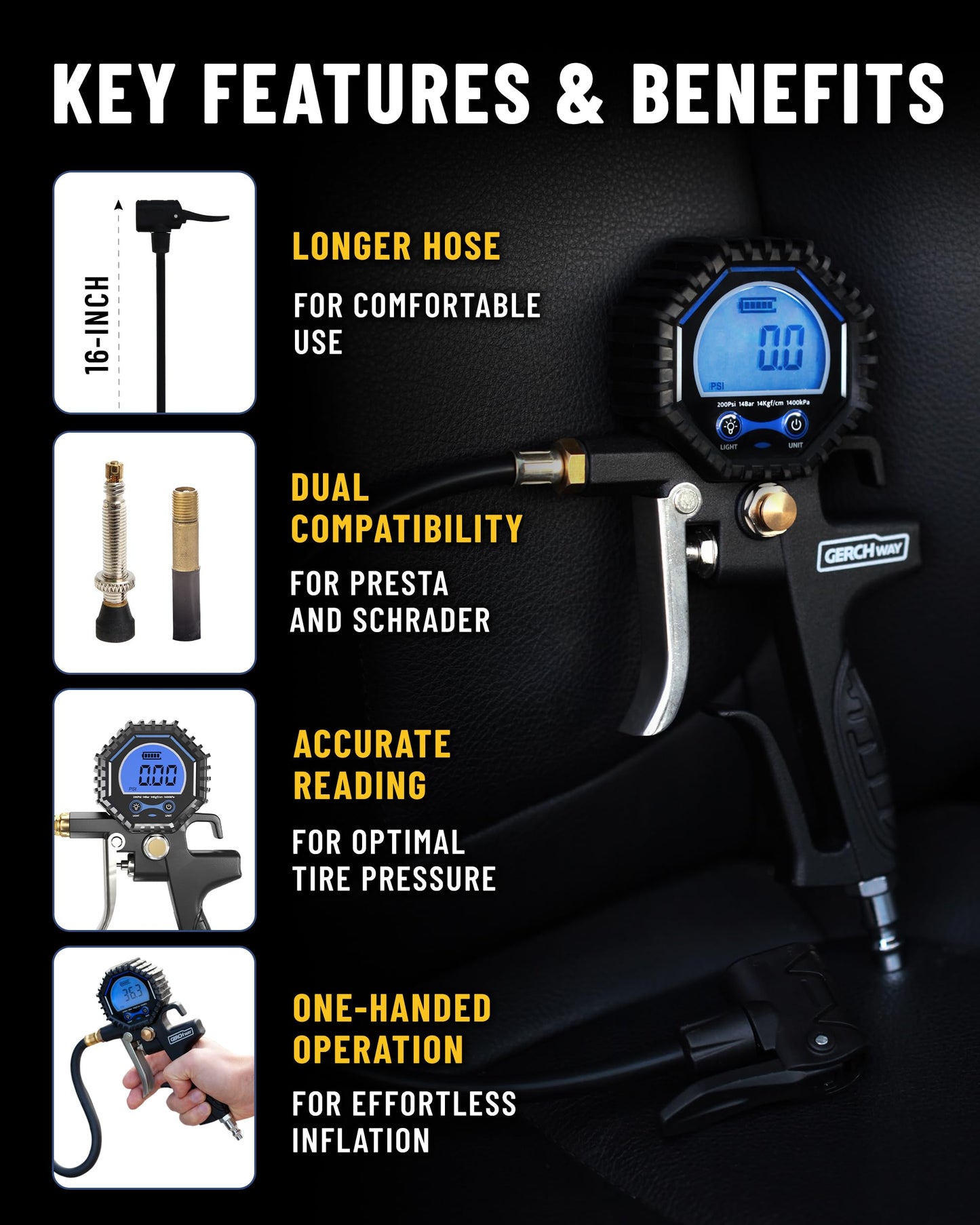 Presta Valve Adaptor for Air Compressor — Digital Bike Tire Pressure Gauge with Inflator – Schrader to Presta Valve Air Chuck Compressor Attachment