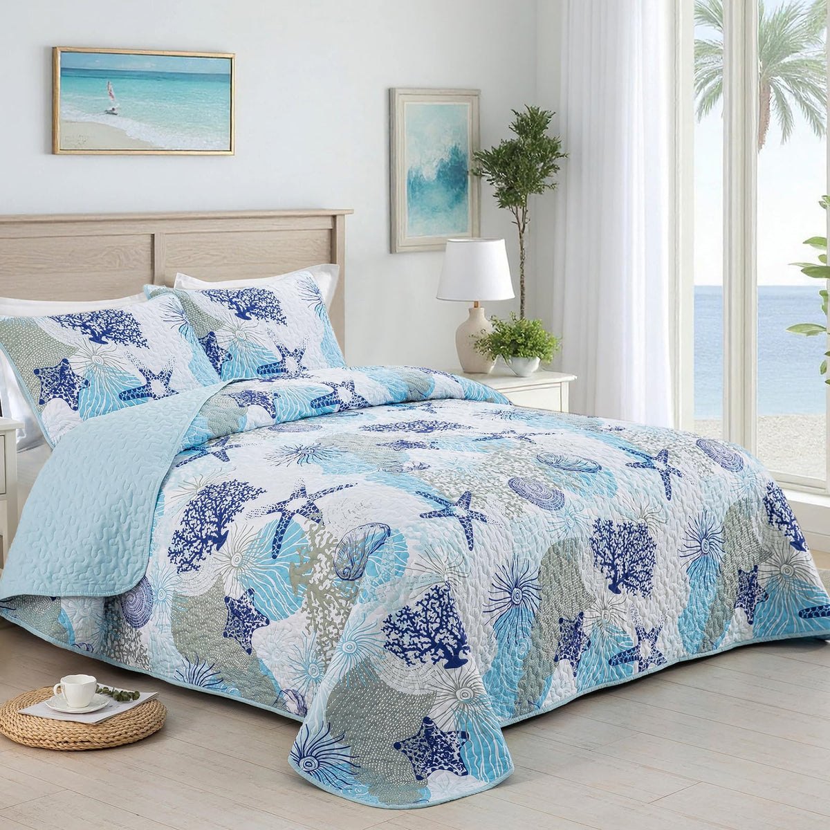 Dinjoy Coastal Quilt Set Queen Size, Blue Ocean Beach Themed Bedding Set Coral Seashell Conch Starfish Pattern Microfiber Lightweight Summer Bedspread Coverlet Bed Set All Season (96x90 Inch)