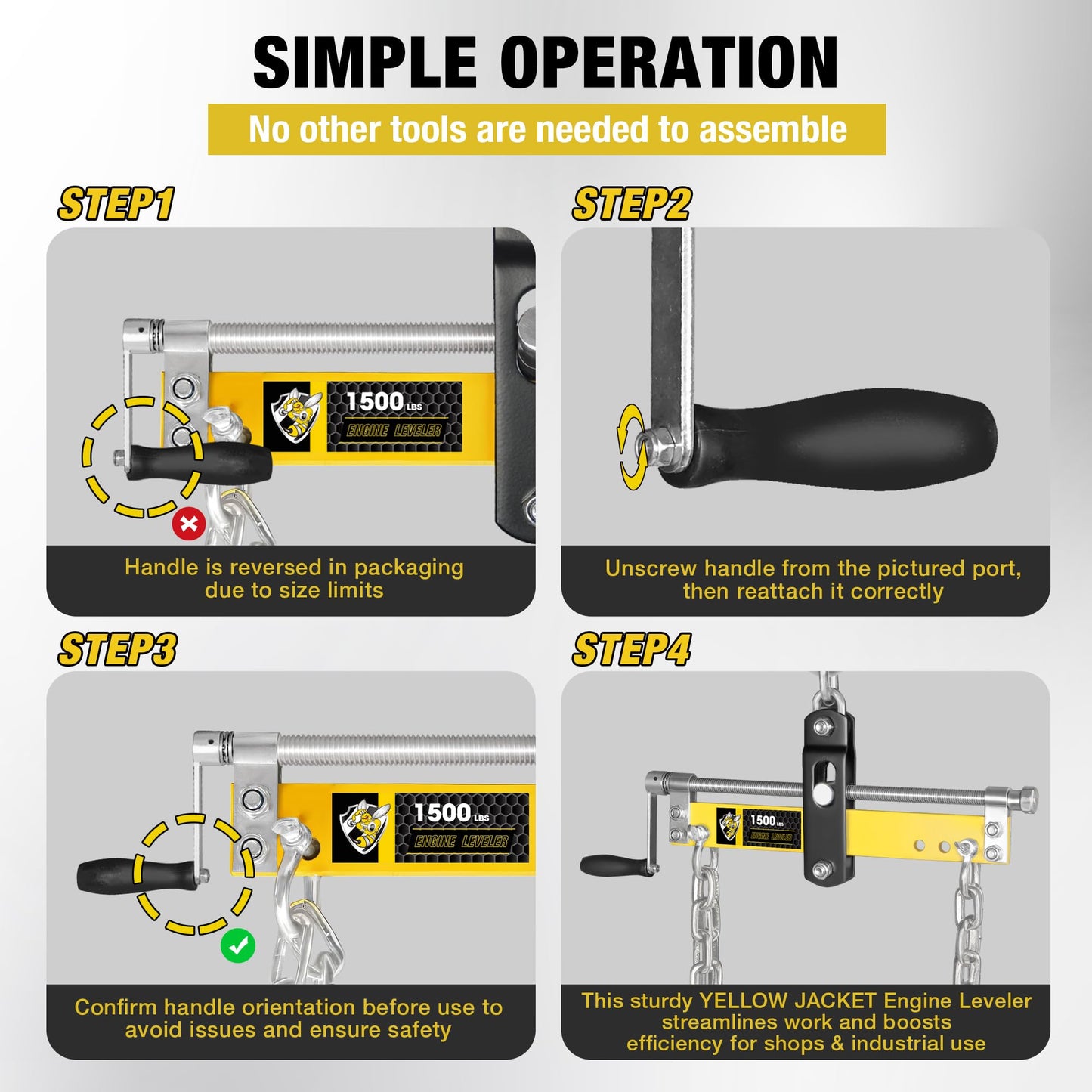 YELLOW JACKET Engine Leveler 1500lbs Steel Engine Hoist Shop Crane with Ball Bearing, Adjustable Handle