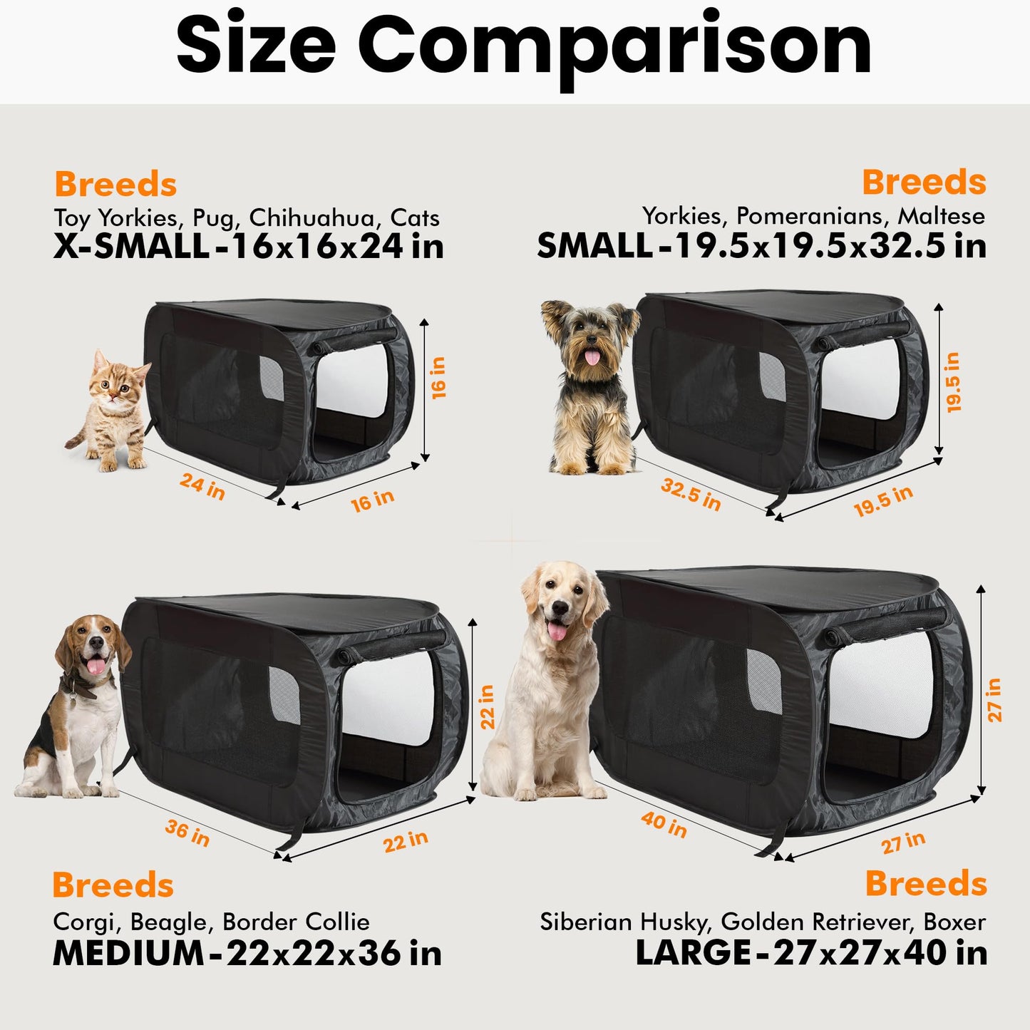 Beatrice Home Fashions Portable, Collapsible, Pop Up Kennel Travel Cat and Dog Crate, 36" L x 22" W x 22" H, Black