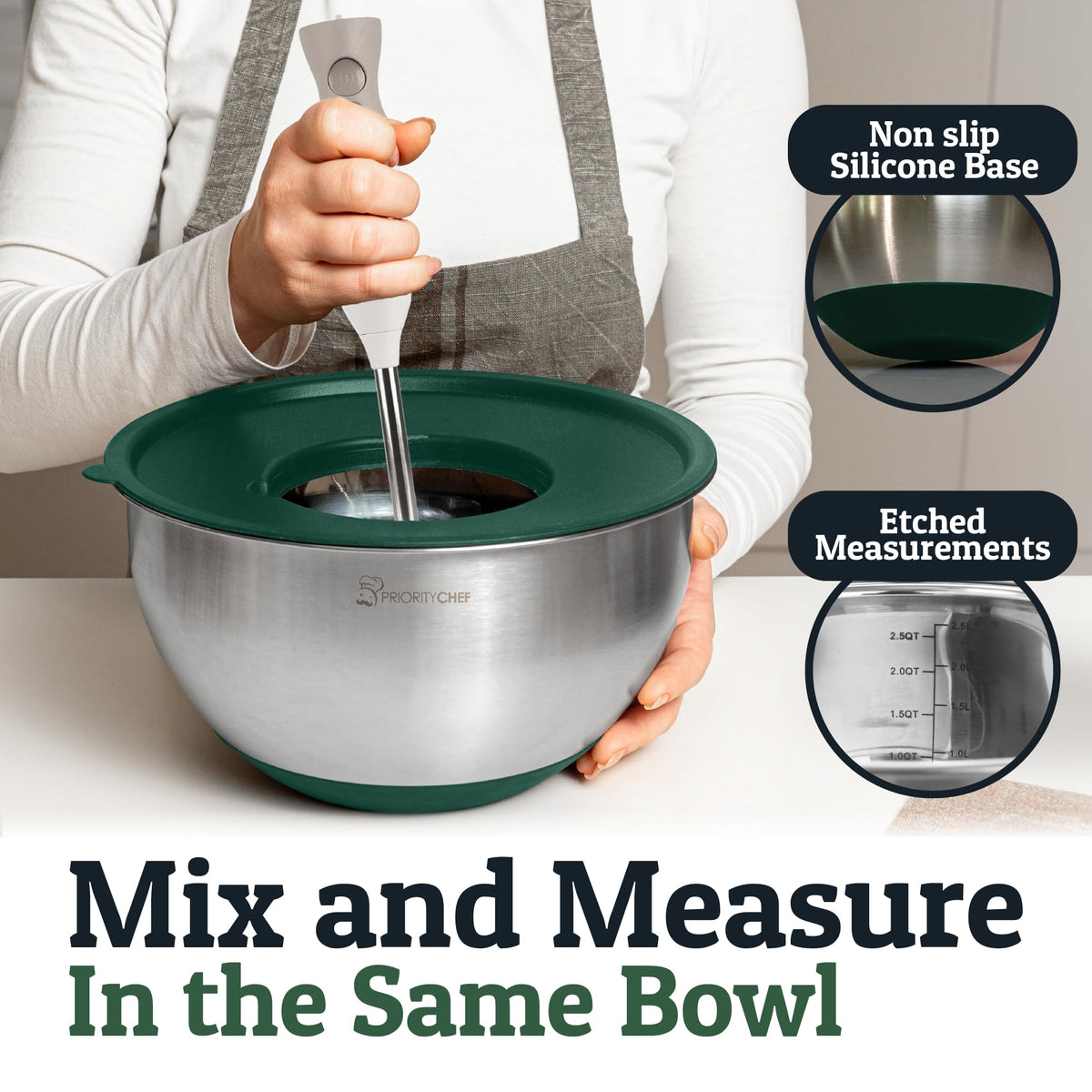 Priority Chef Stainless Steel Mixing Bowls with Lids Set, 3 Grater Attachments, Airtight Lids, Non-Slip Silicone Base Mixing Bowl Set, Large Prep Metal Mixing Bowls for Kitchen, Parent (Green)