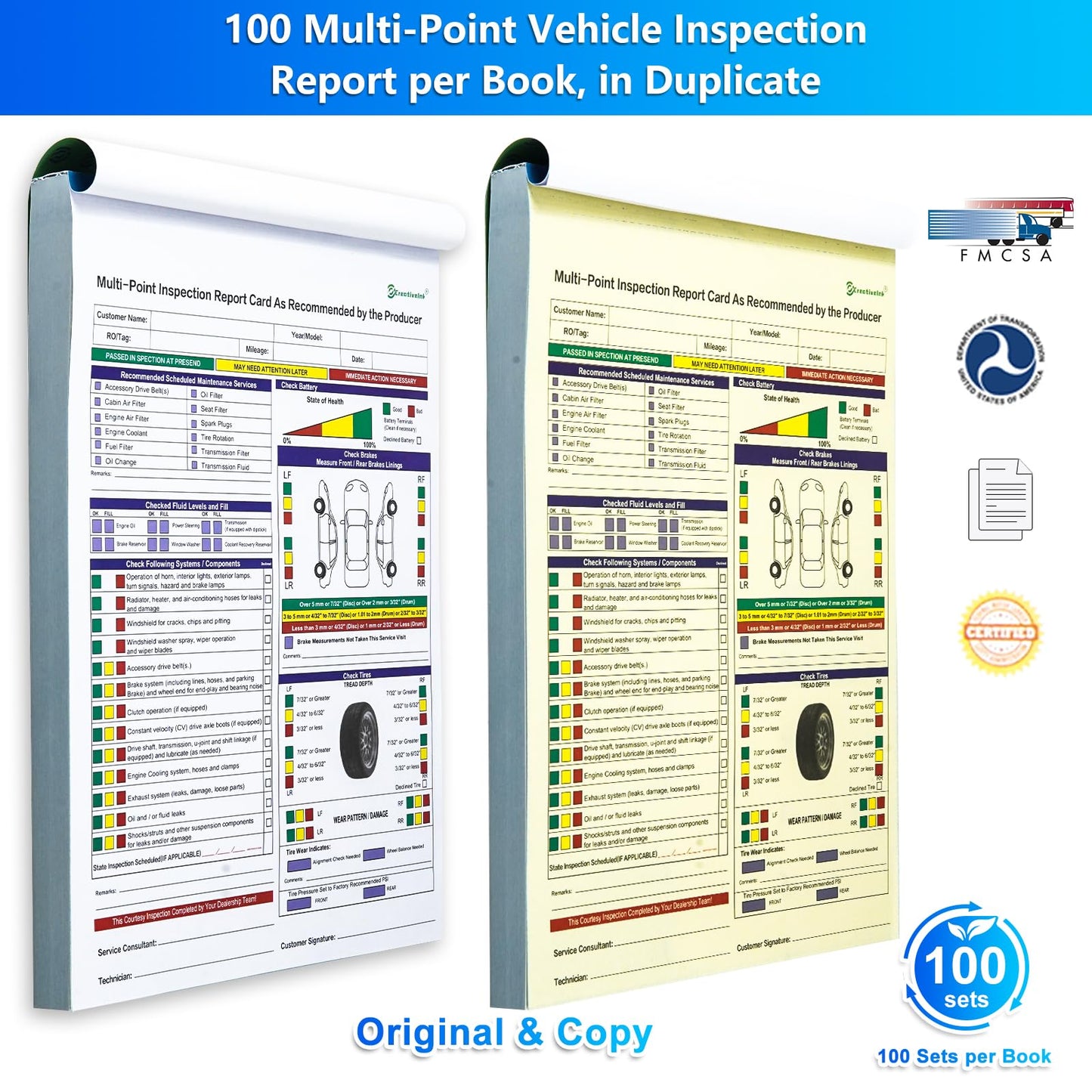 CreativeInk 200 Sets Multi-Point Automotive/Vehicle Inspection Report Forms 2-ply Carbonless for Any Make of Vehicle, Inspection Checklist, DOT Compliant, 8-1/2 x 11-3/4”