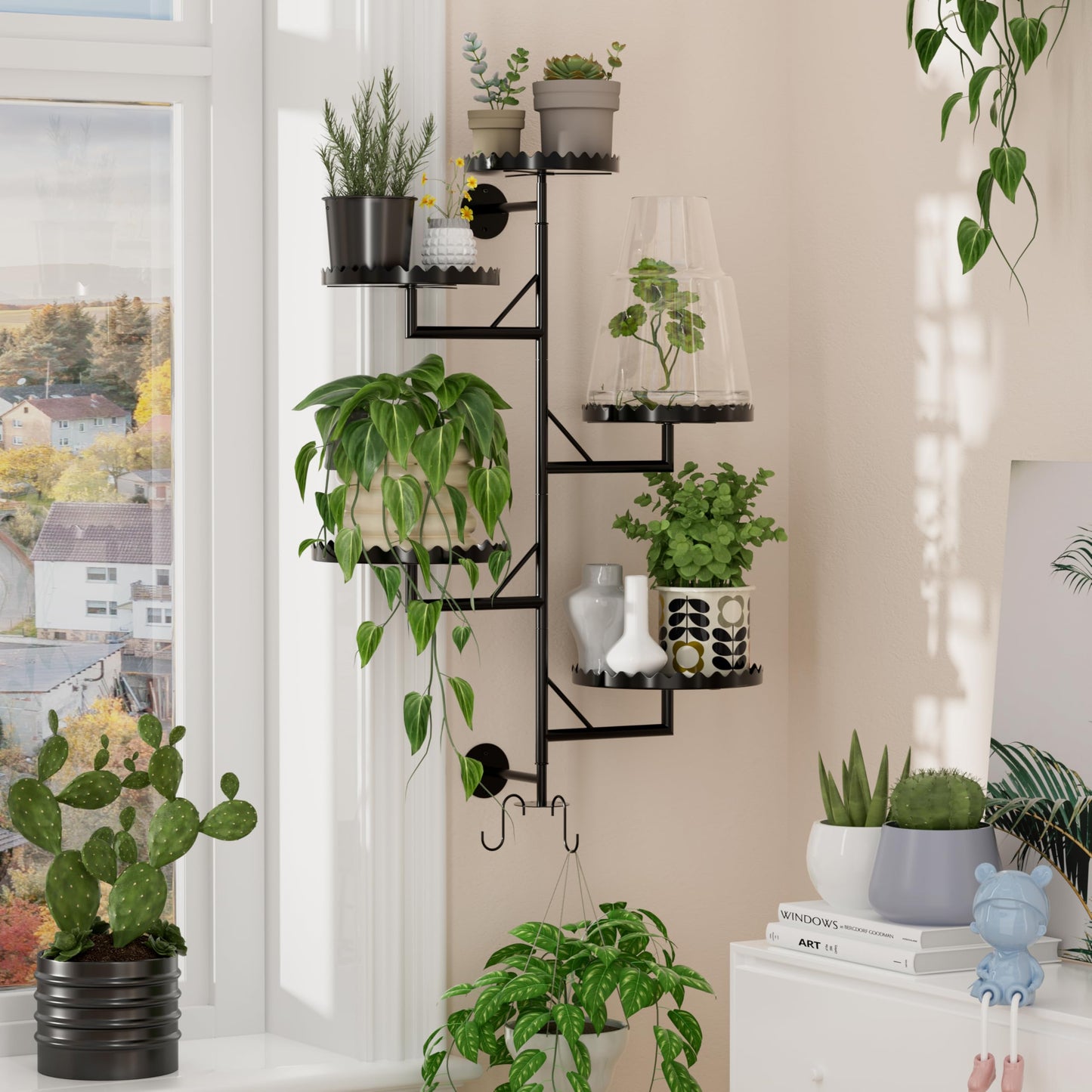 GcdPai Rotating Window Plant Shelves indoor 5-tier Metal Plant Stand, Wall Plant holder for Multiple Plants indoors, Window Sill Gifts for Small Spaces, Stylish and Functional Indoor Plant Stand Black
