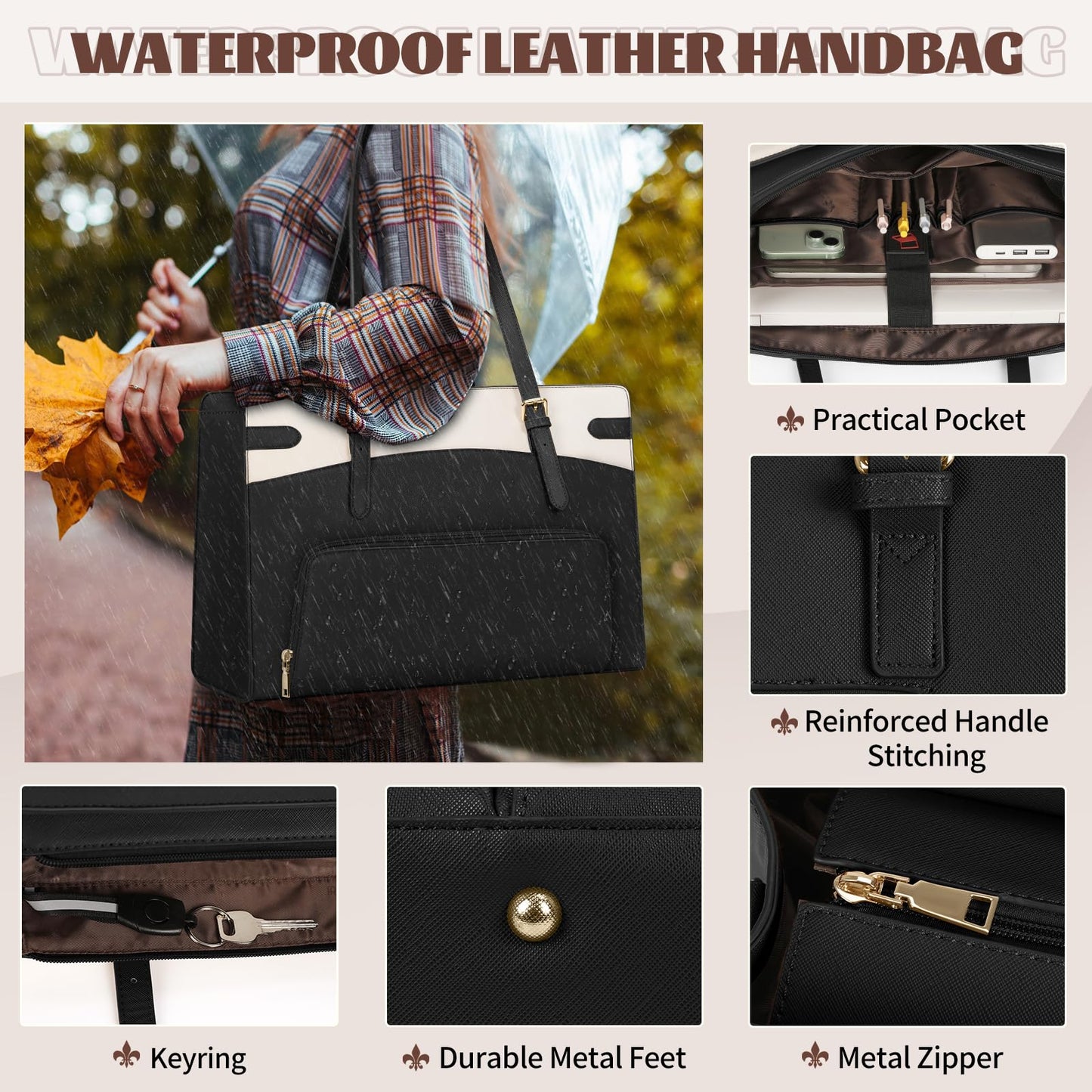 RAINSMORE Laptop Bags for Women with Lunch Compartment,Large Work Bag Women 15.6 inch Laptop Tote Bags for Women PU Leather Laptop Purse,Black