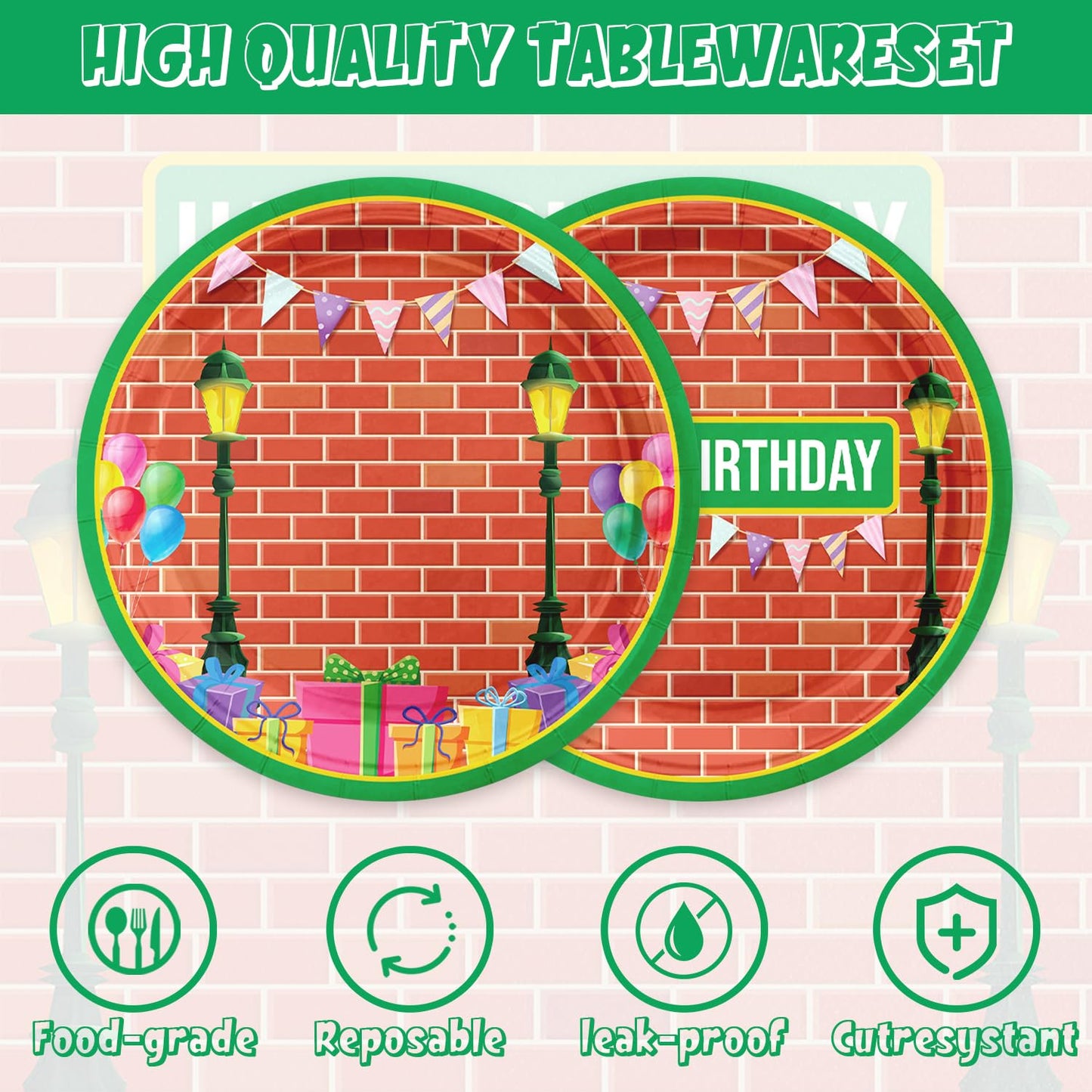 Aulecoo 40Pcs Sesame Friends Street Birthday Party Supplies Sesame Plates Napkins Tableware Dinnerware for Kids Boys Girls Birthday Baby Shower Sesame Brick Wall Party