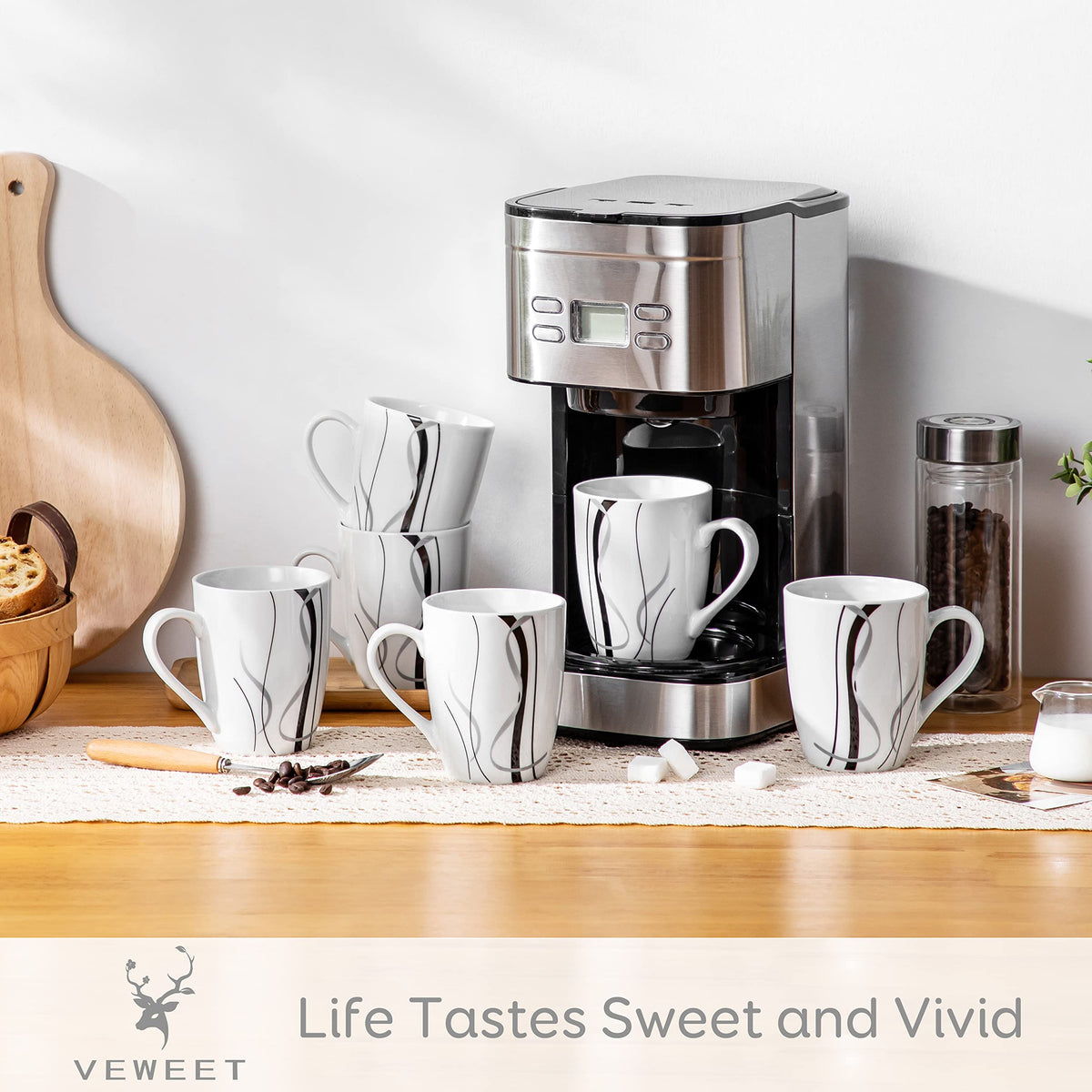 VEWEET Ceramic Coffee Mugs Set of 6, 11 OZ Coffee Mugs with Handle, White Mugs Set Porcelain Tea Mugs Set, Microwave Dishwasher Safe, Series Fiona