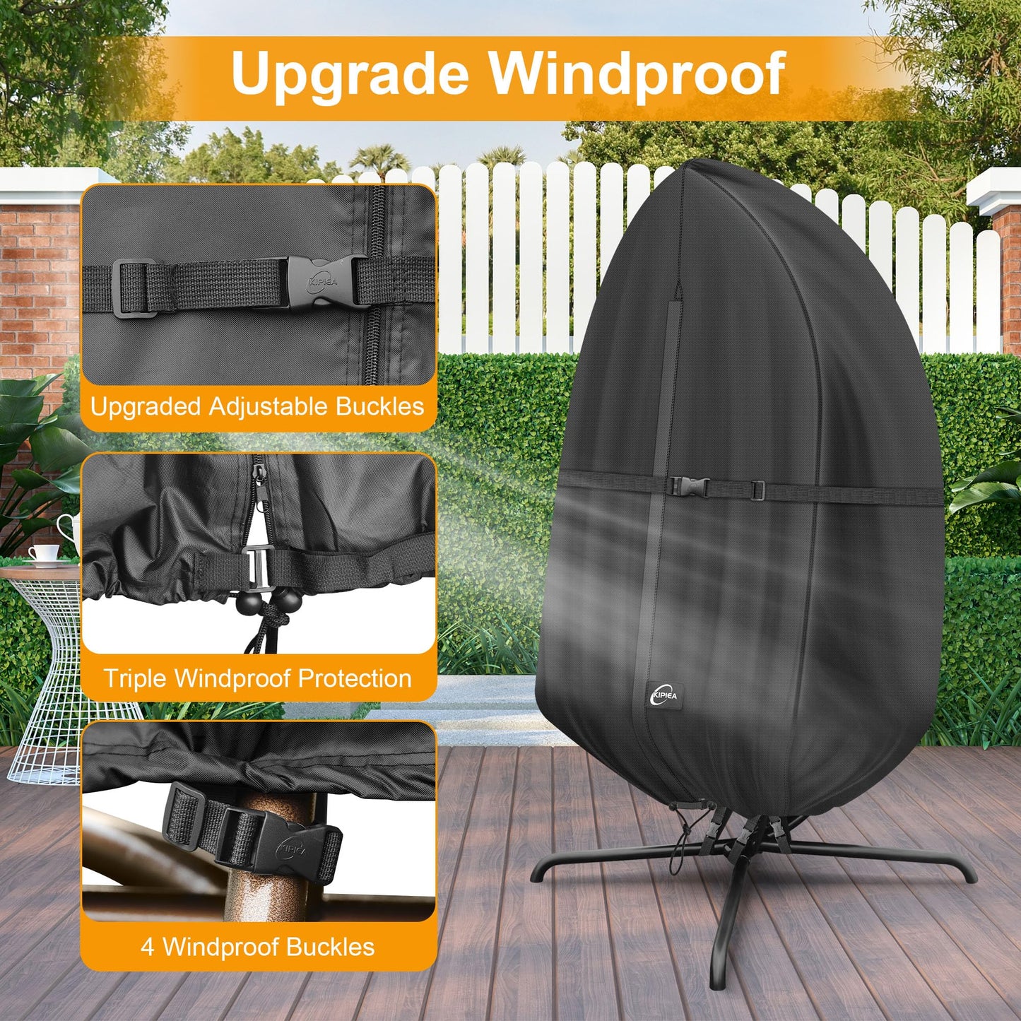 Kipiea Patio Egg Chair Covers Waterproof, Upgraded Outdoor Hanging Egg Chair Covers with Waterproof Zipper, 420D Single Seat Swing Chair Cover, Windproof, Anti-UV, No Tears ( Up to 45" W x 75"H )