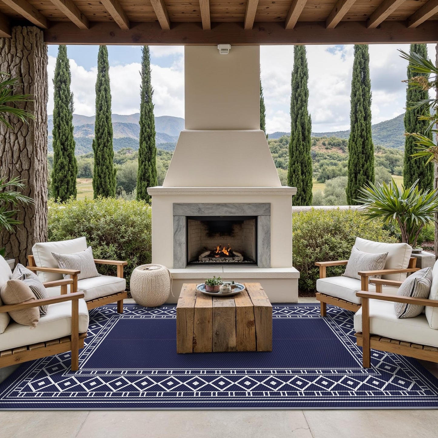 GENIMO 6'x9' Outdoor Rug for Patio, Reversible Plastic Waterproof RV Rugs, Clearance Large Mat, Porch, Camping, Picnic, Deck, Camper, Balcony, Blue & White