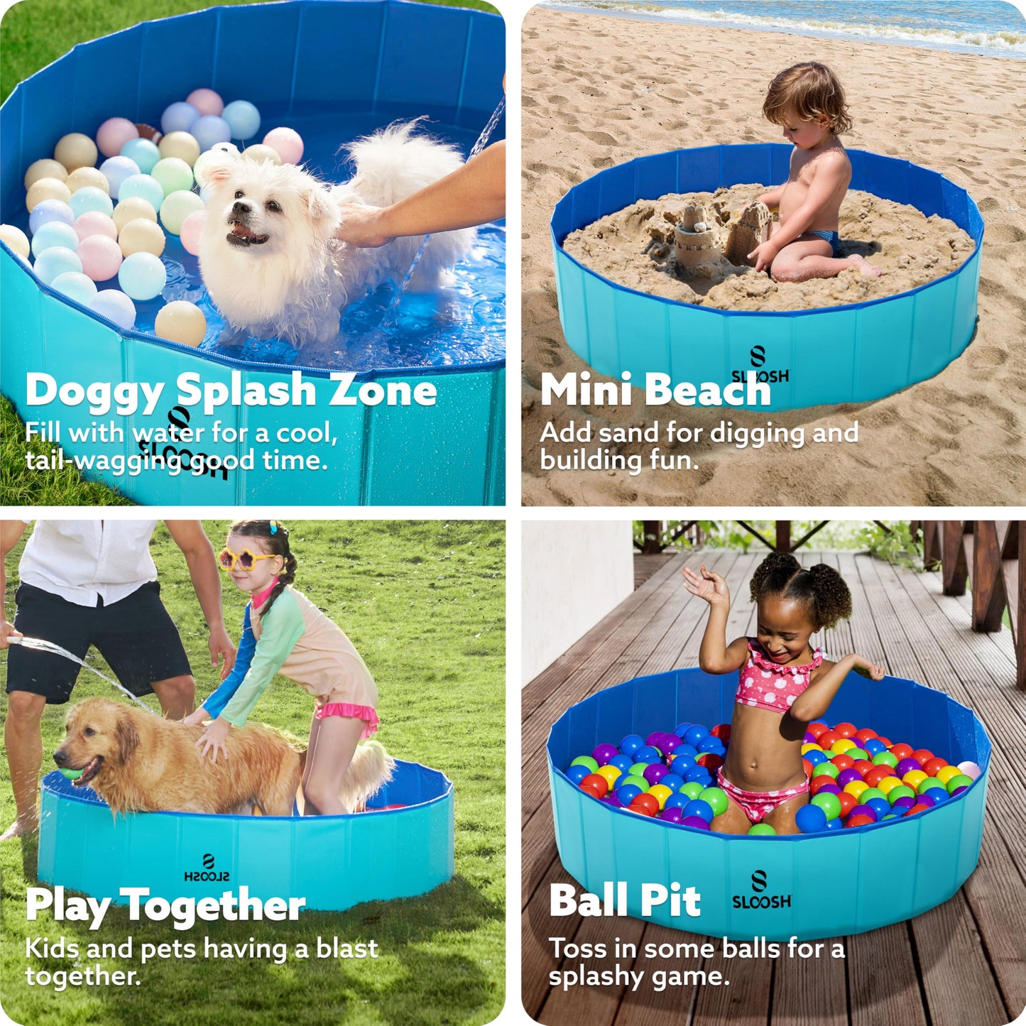 SLOOSH Foldable Dog Kiddie Pool - Portable Hard Plastic Doggie Swimming Pool, Anti-Slip Collapsible Pets Bath Tub Suitable for Kids Toddler Indoor Outdoor Backyard Use (48" x 12", Blue)
