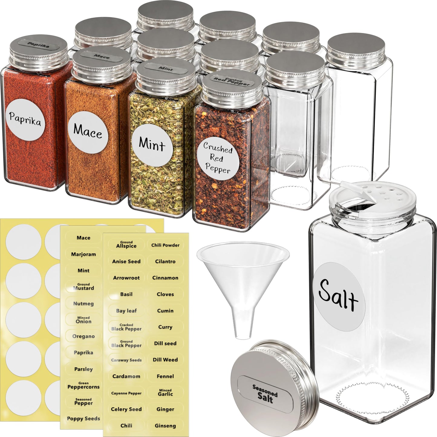 Simple Houseware Spice Jars 12 Pack-6oz Glass Square Bottles with Labels