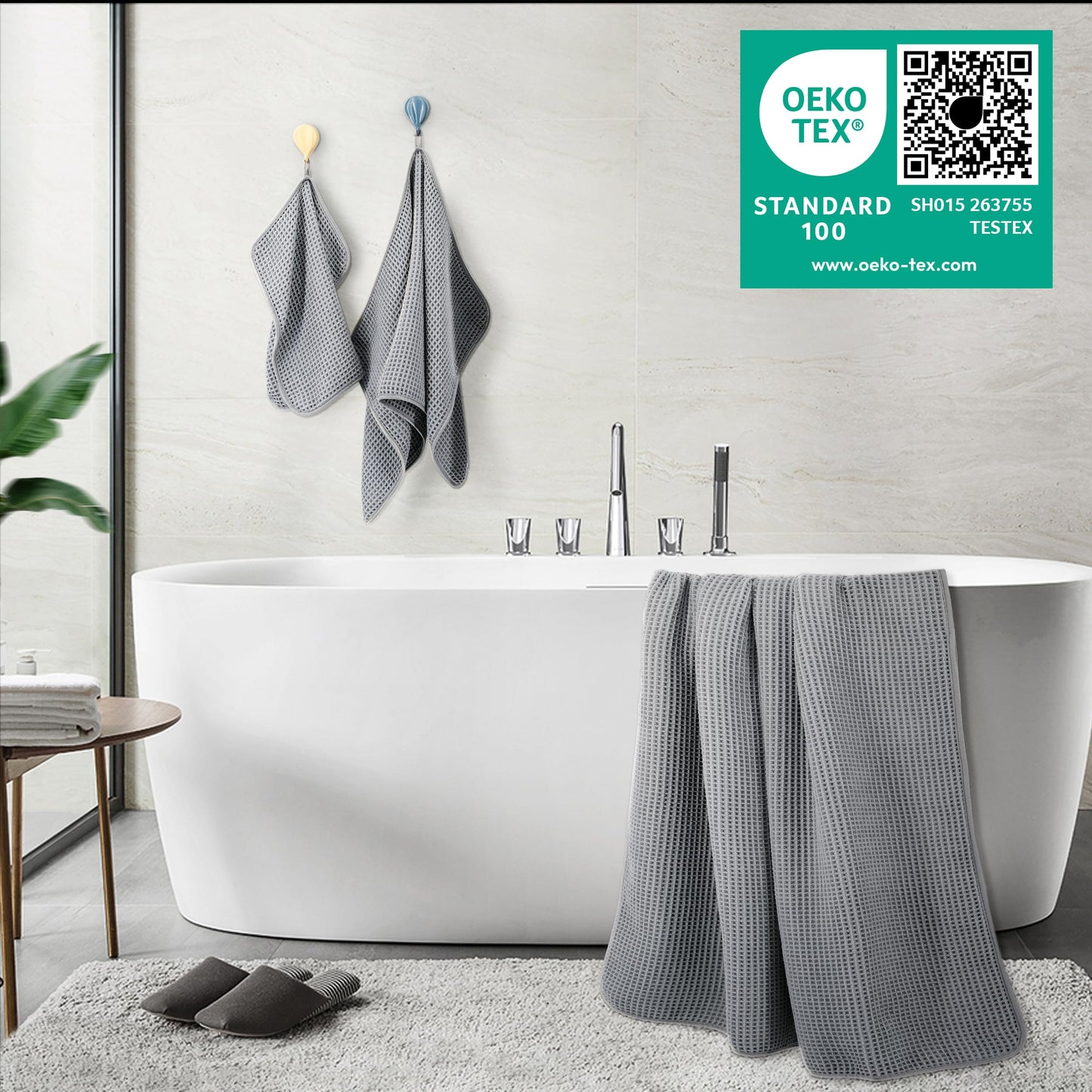 POLYTE 430 GSM Microfiber Quick Dry Lint Free Oversize Bath Towel Set, 6 Piece (Waffle Weave)