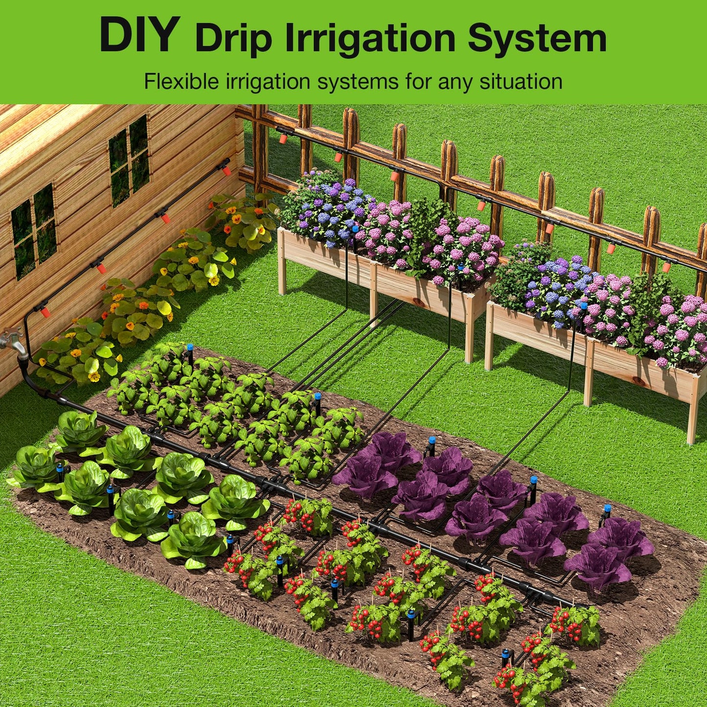MIXC Greenhouse Micro Drip Irrigation Kit Automatic Irrigation System Patio Misting Plant Watering System with 1/4 inch 1/2 inch Tubing Hose Adjustable Nozzle Emitters Sprinkler Barbed Fittings