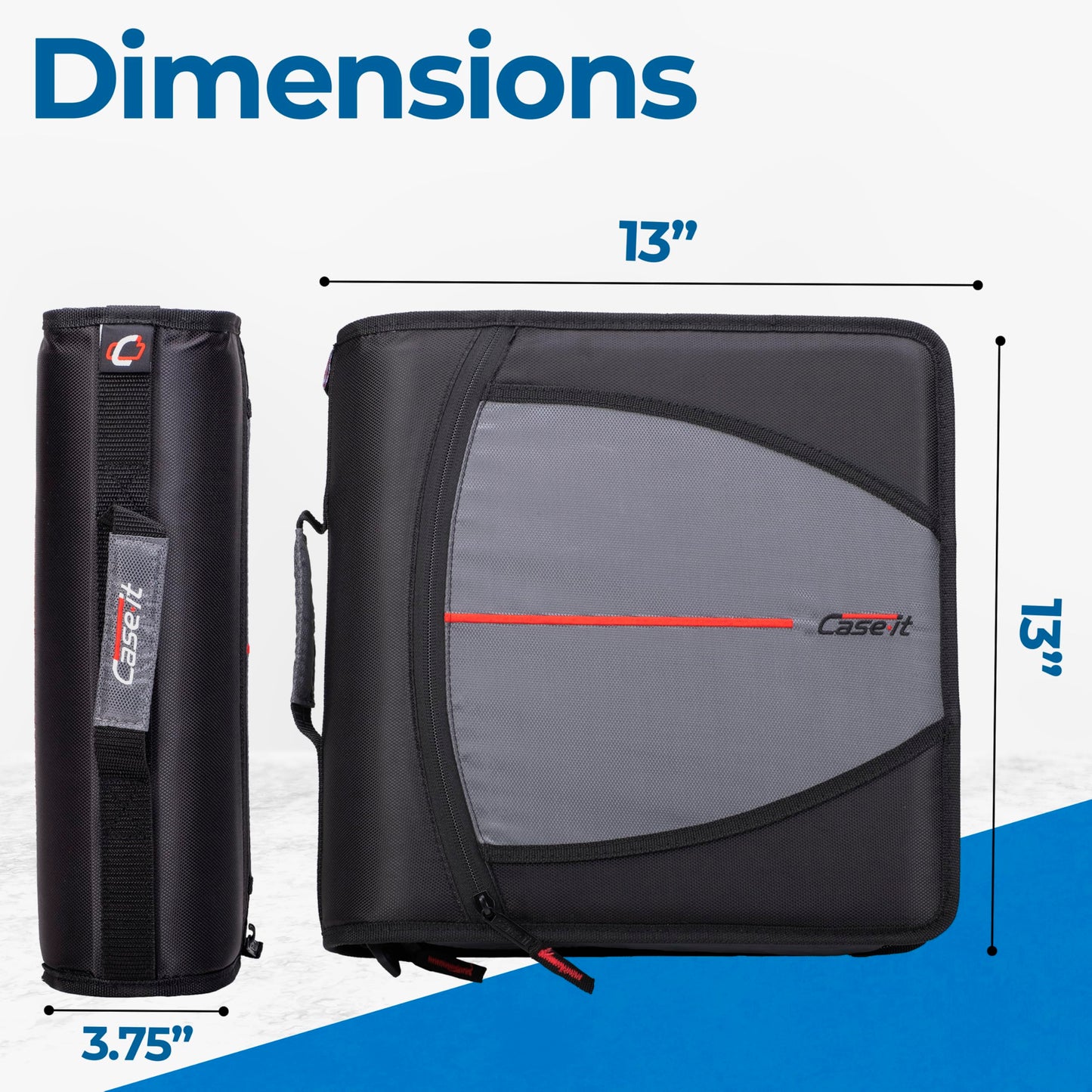 Case-it The Mighty Zip Tab Zipper Binder - 3 Inch O-Rings - 5 Color Tab Expanding File Folder - Multiple Pockets - 600 Sheet Capacity - Comes with Shoulder Strap - Jet Black D-146
