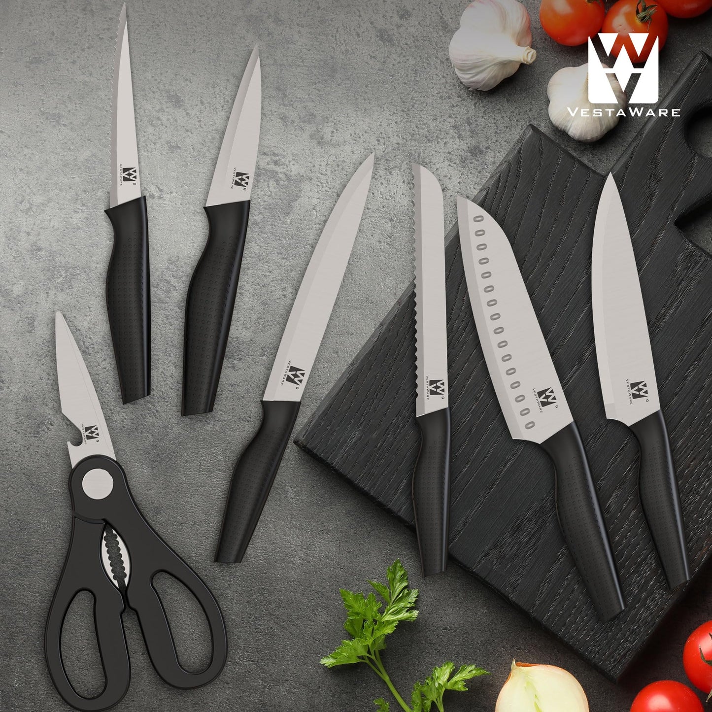 Vestaware Knife Set with Block, 14 PCS Sharp Kitchen Knife Set, Japanese Stainless Steel Kitchen Knife Set with Non-Slip Ergonomic Handle, Dishwasher Safe, Ideal Home Cooking Gift for Mom