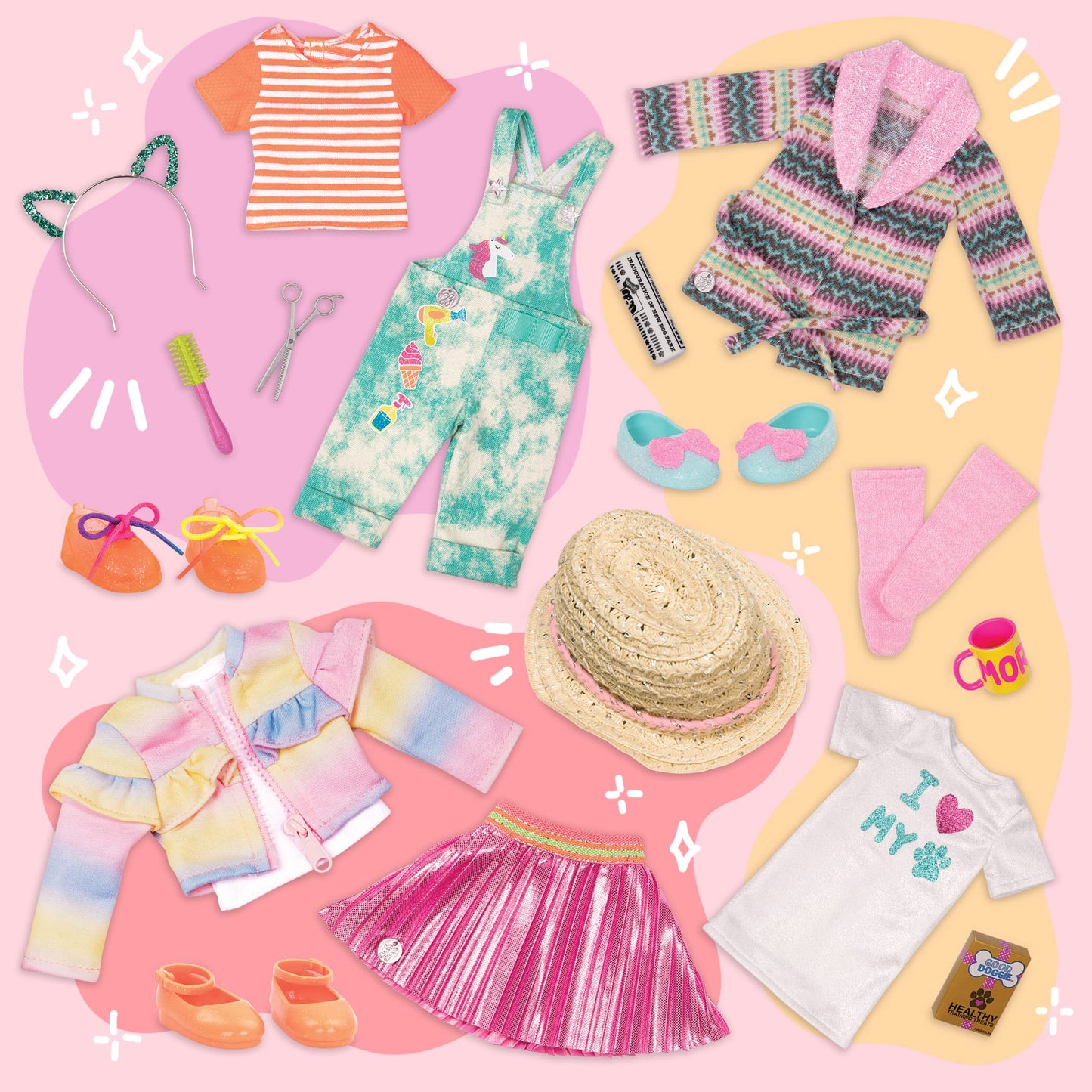 Glitter Girls – 14-Inch Doll Outfit Bundle – 3 Fashion Outfits – Rainbow Jacket, Cat – Ears, Sweater Dress – Clothes & Accessories – Fashion Pack – 3+ Years