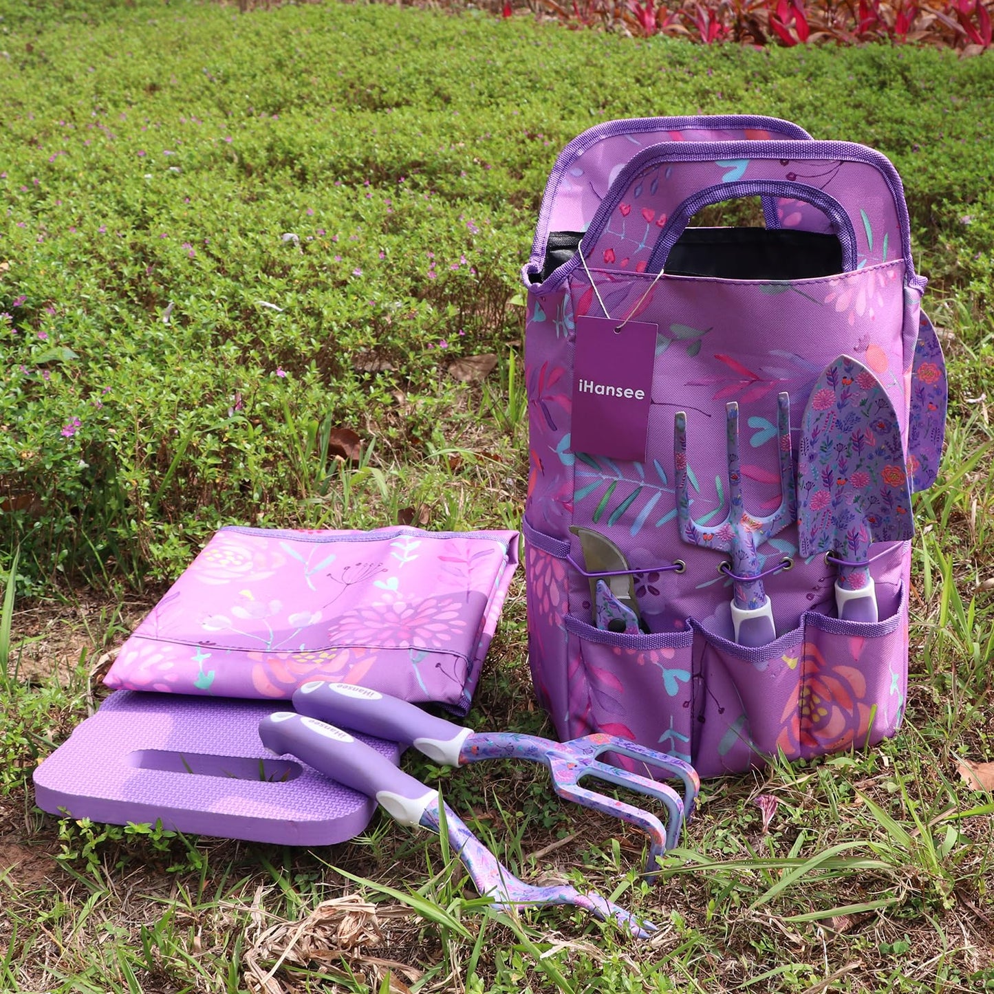 iHansee Purple Garden Tools 10-Piece, Heavy Duty Gardening Tools Set with Non-Slip Ergonomic Handle, Flower Print Garden Tool Bag, Gardening Gifts for Women, Plant Lover Gifts for Mom Grandma