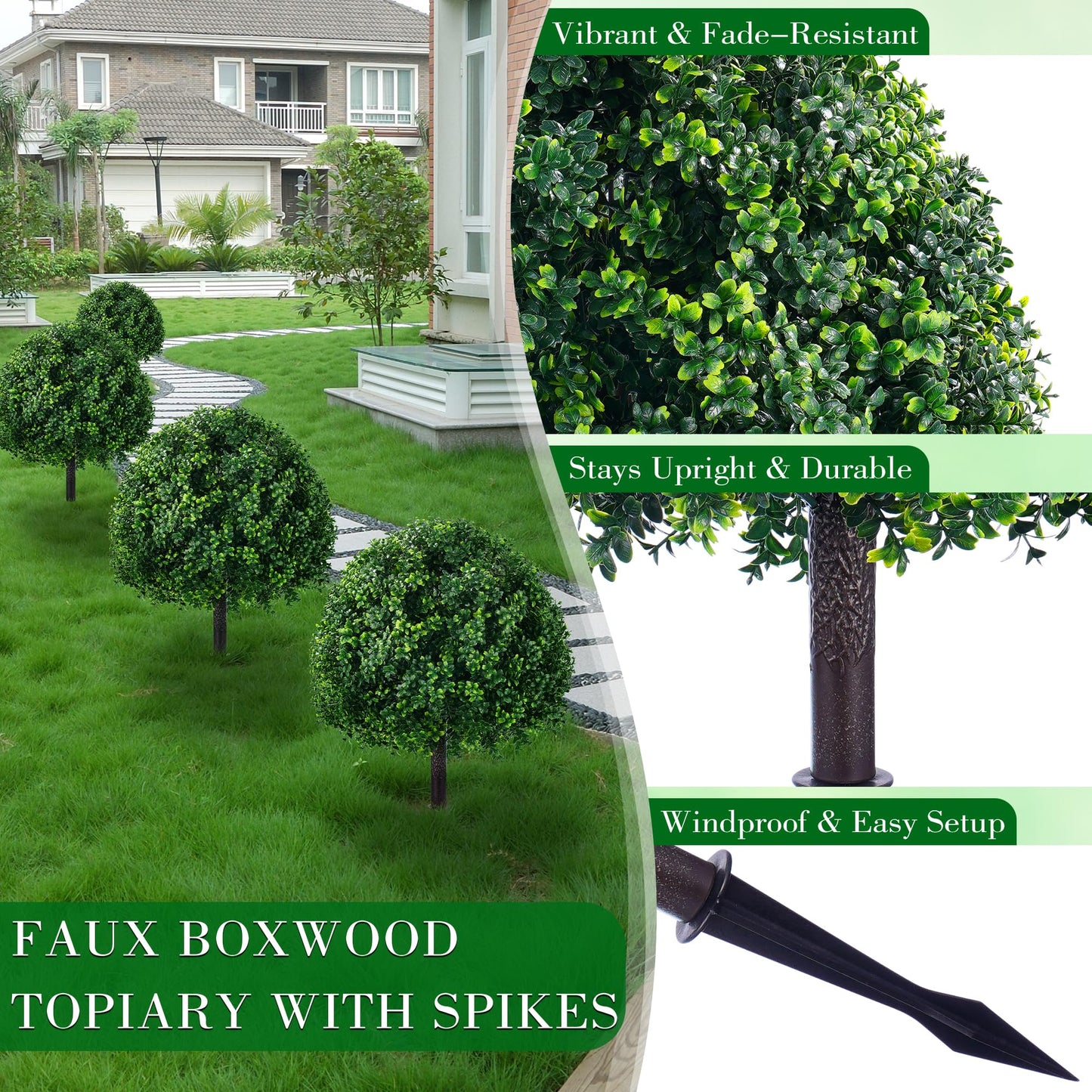 24.8" Outdoor Artificial Topiary Boxwood Tree, Faux Plants Shurbs with Spike, 2 Set Topiary Ball Tree Waterproof UV Resistant Fake Pot Filler Plants for Porch Home Outside Garden Spring Decor