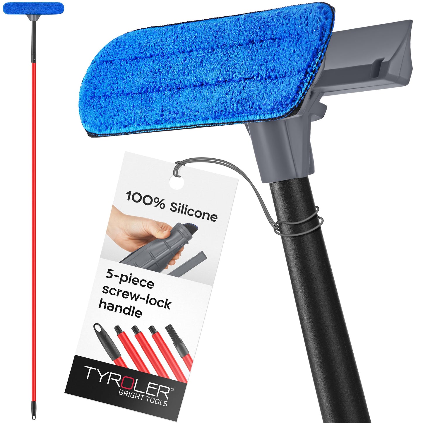 Tyroler 2-in-1 High Window Cleaning Tool | Window Squeegee Extendable with 30-205CM 5 Part Handle | Perfect Window Cleaning & Washing Kit (Gray)
