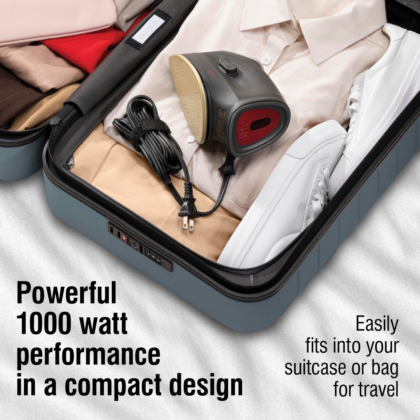 CHI Mini Steam Iron for Clothes, Travel, Sewing and Crafting, Titanium-Infused Ceramic Soleplate, 1000W, 10 ft Cord, 3-Way Auto Shutoff, Black, 13120
