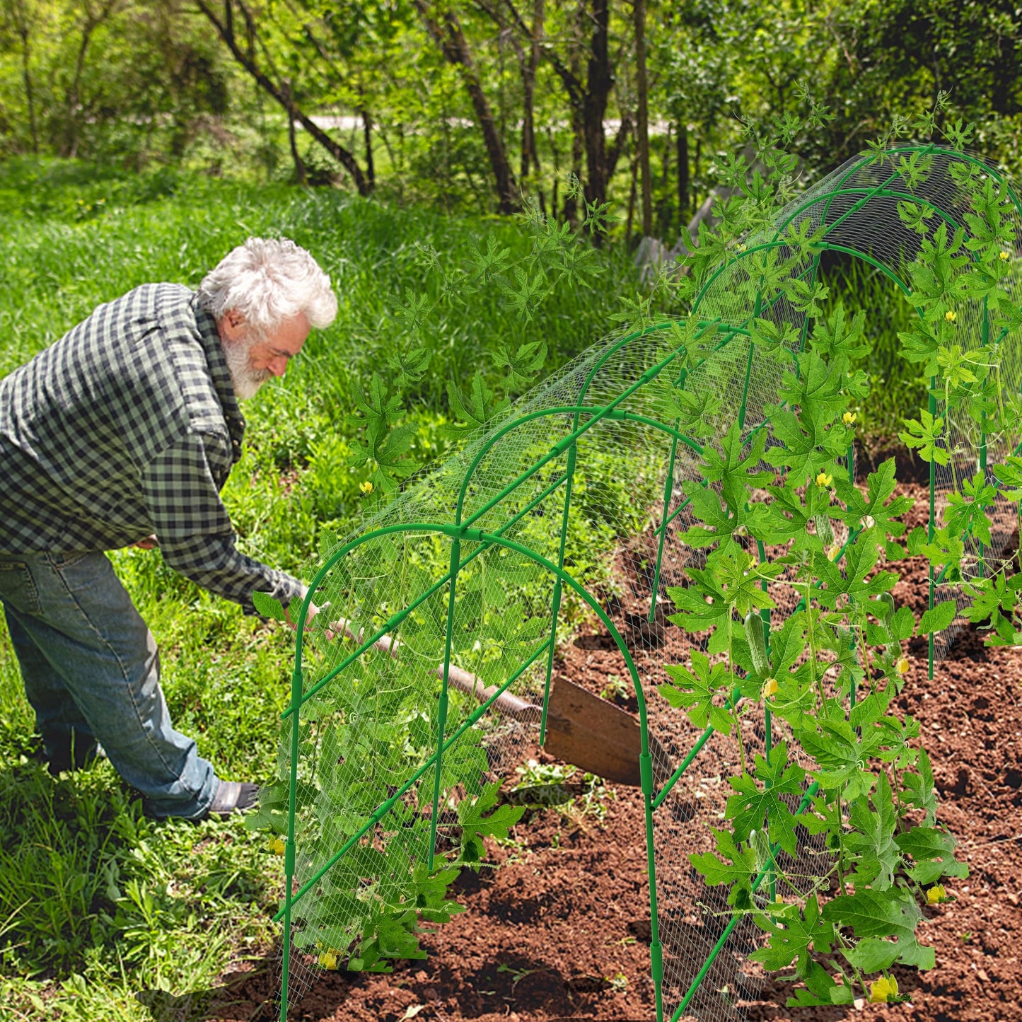 codree 2 Packs Garden Cucumber Trellis for Plant- 47 x 47 Inch Metal Arch Melon Trellis for Raised Bed- Foldable Tunnel Trellis with Climbing Net Clips for Growing Vine Vegetable