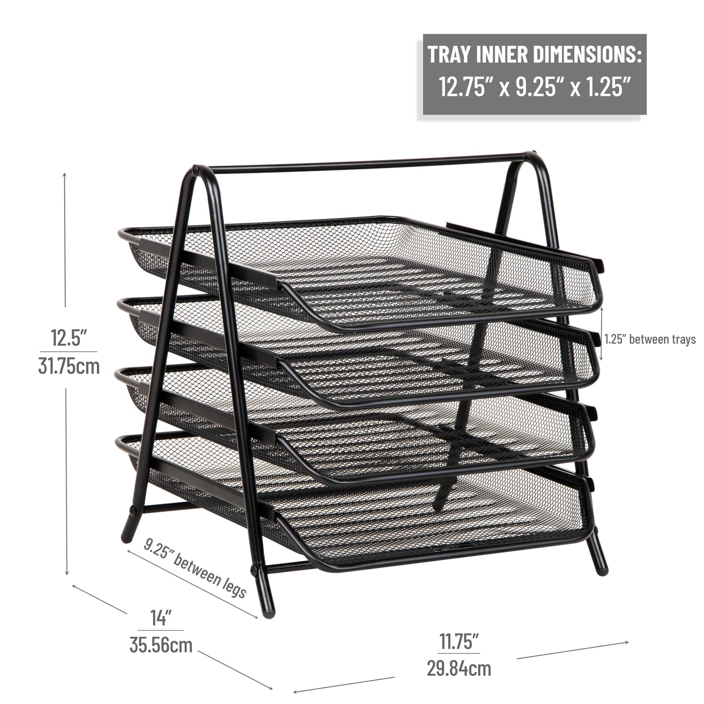 Mind Reader 4-Tier Paper Tray Organizer, Desktop File Sorter with Handle, Document Storage, Slide-Out Trays, Metal Mesh, Black