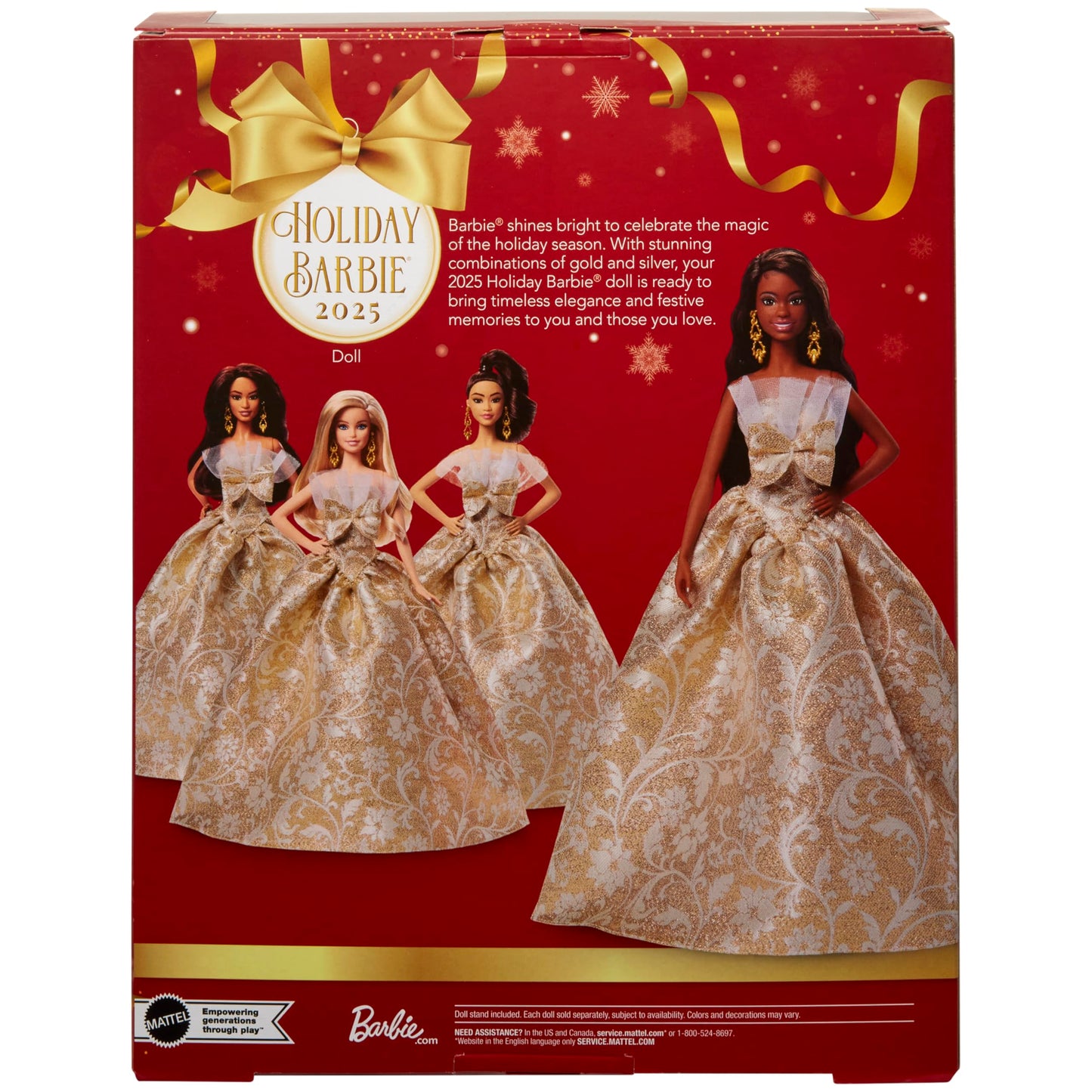 Barbie Signature Doll, 2025 Holiday Barbie Black Hair Fashion Doll Wearing Silver & Gold Gown, Seasonal Collector in Displayable Packaging & Stand