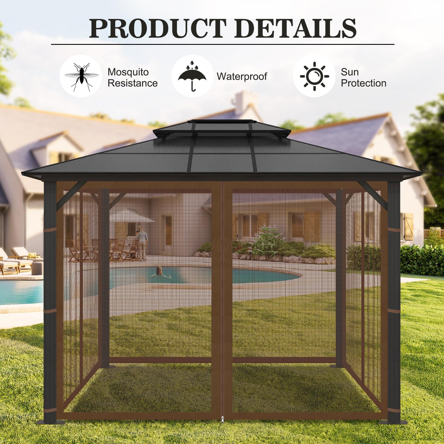 Universal Mosquito Netting Gazebo Curtains, Replacement Outdoor Pergolas Mesh Netting Screen for Patio Garden Yard, 4-Panel Gazebo Screen Sidewalls with Zipper (Coffee, 10'x12')