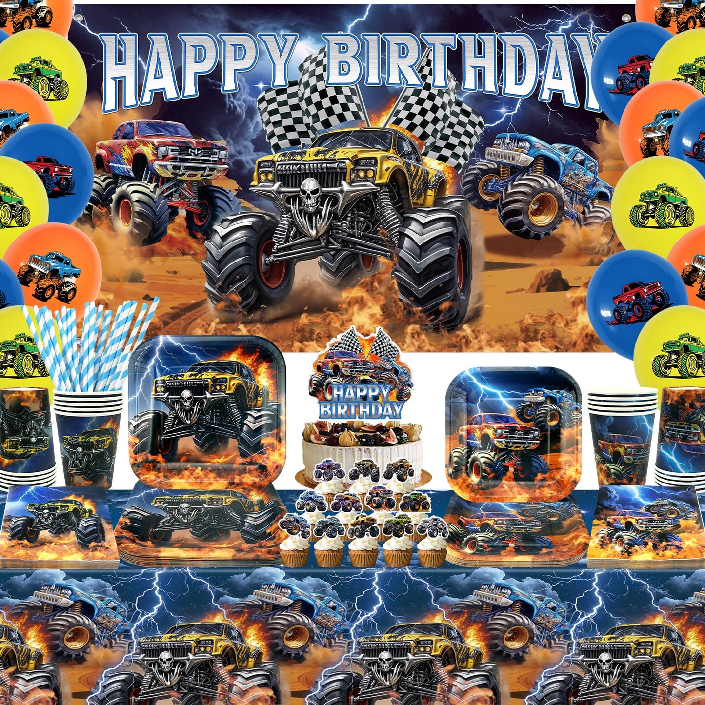 Obussgar Monster Truck Birthday Party Decorations - Monster Truck Party Supplies including Backdrop, Plate, Cake Topper, Cup, Napkin, Balloon, Tablecloth - Serves 20 (BJ)
