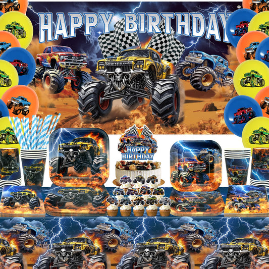 Obussgar Monster Truck Birthday Party Decorations - Monster Truck Party Supplies including Backdrop, Plate, Cake Topper, Cup, Napkin, Balloon, Tablecloth - Serves 20 (BJ)
