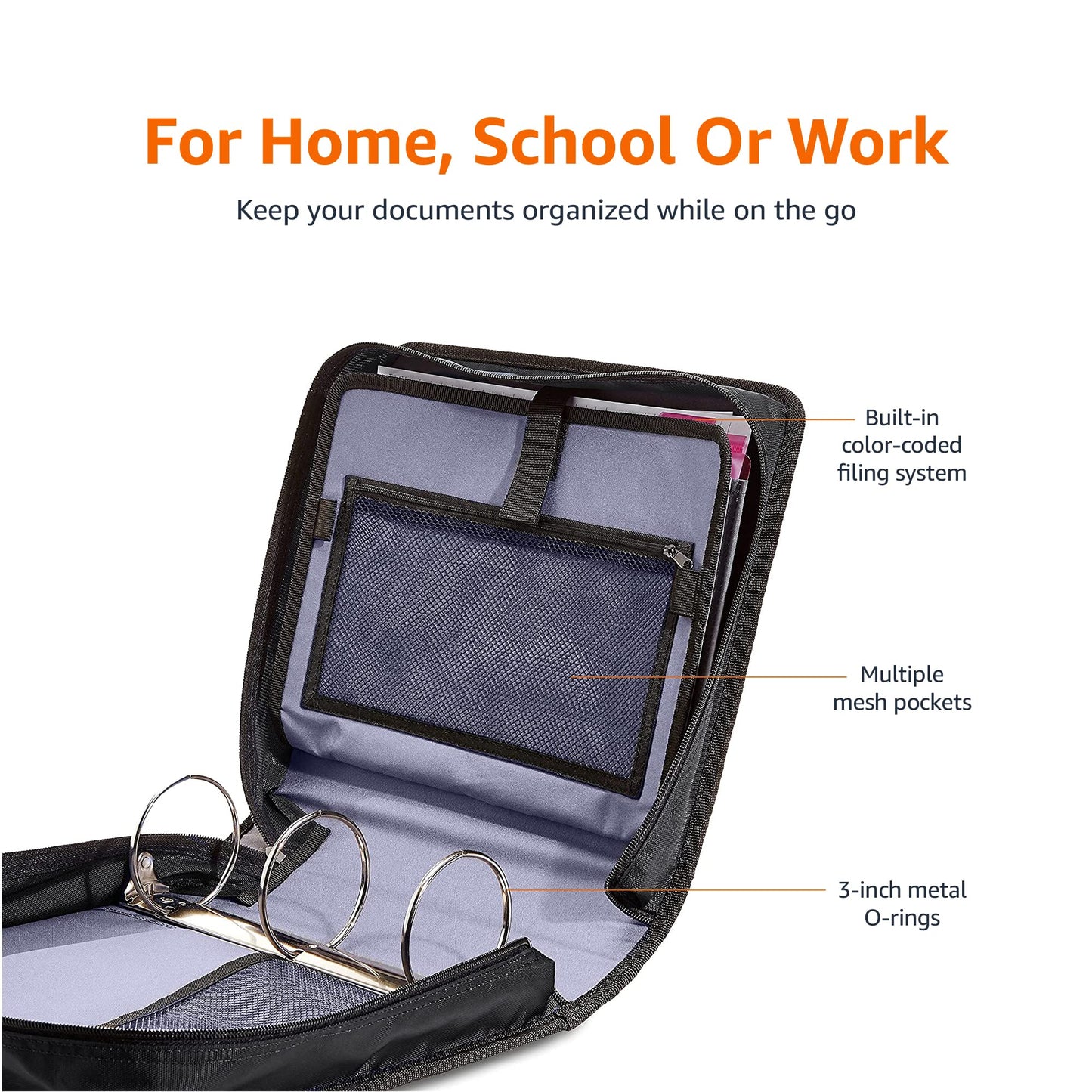 Amazon Basics Durable 3 Ring Binder with Zipper, Sturdy Storage to Keep Documents Organized, 3 Inch, Black