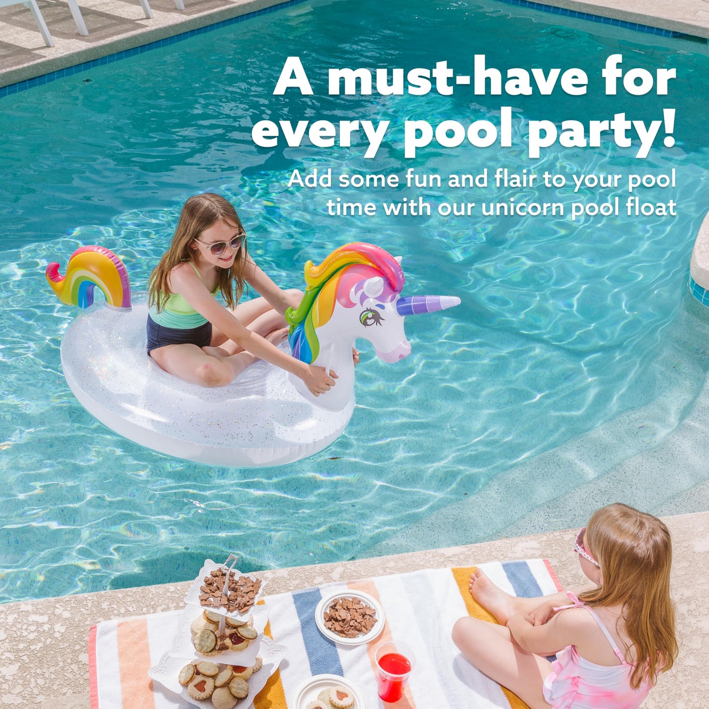 JOYIN Unicorn Pool Float Kids - Inflatable Rainbow Unicorn Floaty with Glitters Fun Pool Floats, Ride On Unicorn Beach Lake Floaties Raft Lounge, Party in Summer Decorations Pool Toys for Kids