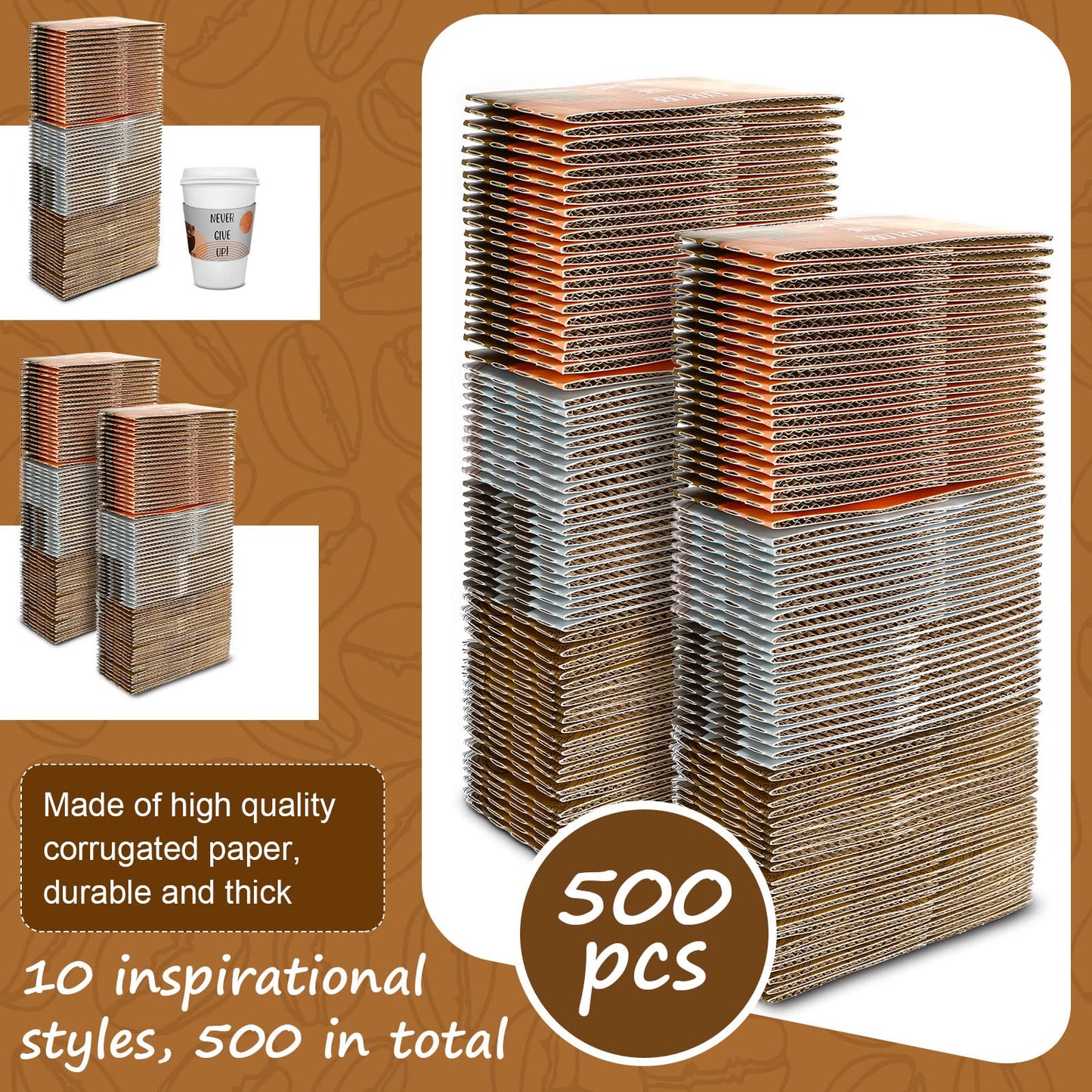 Dingion 500 Pack Coffee Cup Sleeves Corrugated Cardboard Motivational Disposable Sleeve for Inspiring Cold or Hot Beverage Chocolate Coffee Tea, Fits 12oz 16oz Paper Cups
