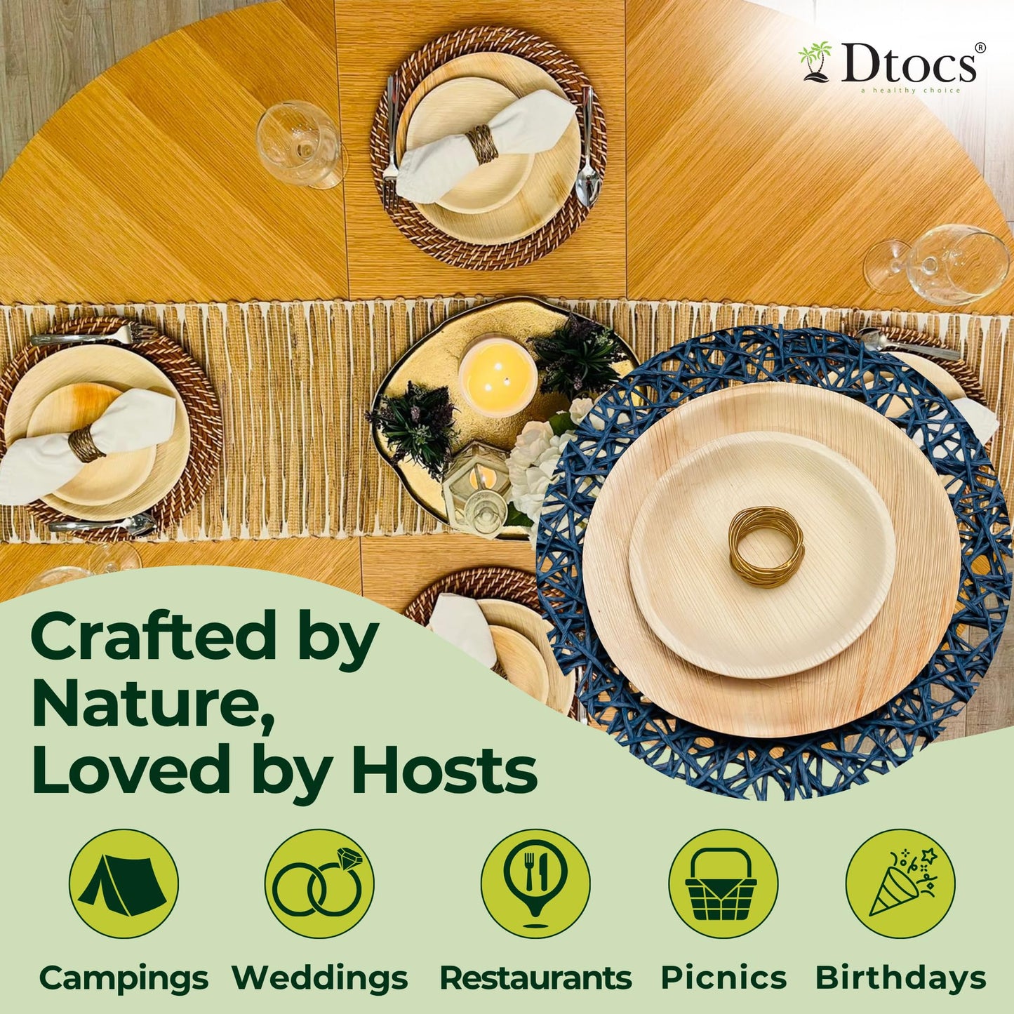 Dtocs Palm Leaf Disposable Plates (50 Pcs.) – 10 Inch Dinner, 7 Inch Dessert Plate Set (25 Each) | Eco-Friendly Rustic Bamboo, Wooden Plate Look Party Dinnerware Set | Sturdy Alt Round Paper Plates