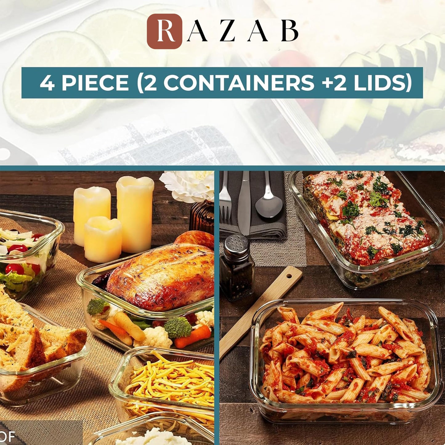 Razab 6.5 Cups / 52 Oz 2 Pack Large Glass Container Food Storage with Lids - Leakproof, BPA-Free Large Meal Prep Container Ideal for Roasting Turkey, Store Leftover - Microwave & Oven Safe