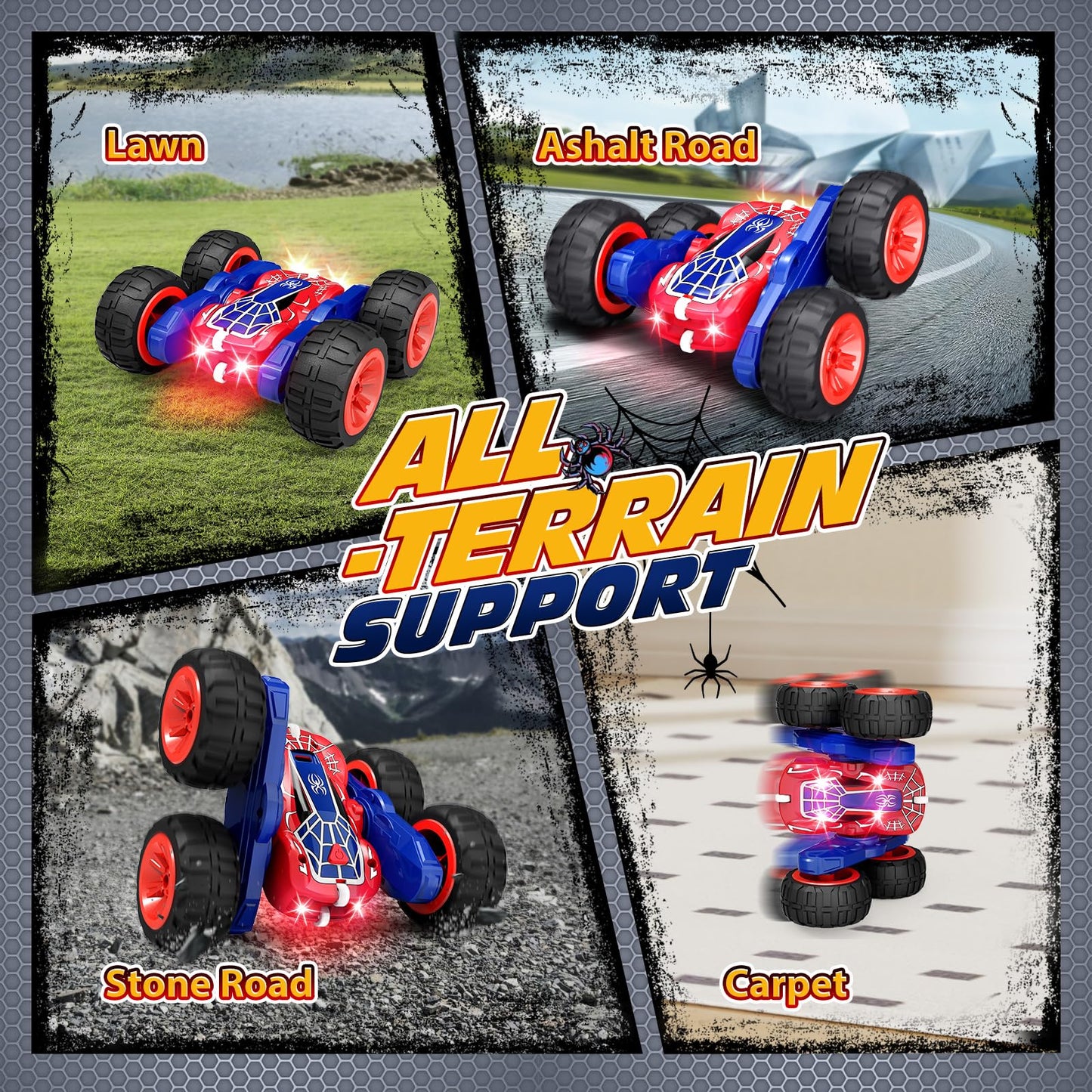Tecnock Spider Remote Control Cars for Kids, 2.4GHz RC Car with Type-C Easy Charging, 4WD Double Sided 360° Rotates and Flips RC Stunt Car, Toys Gift for Boys and Girls