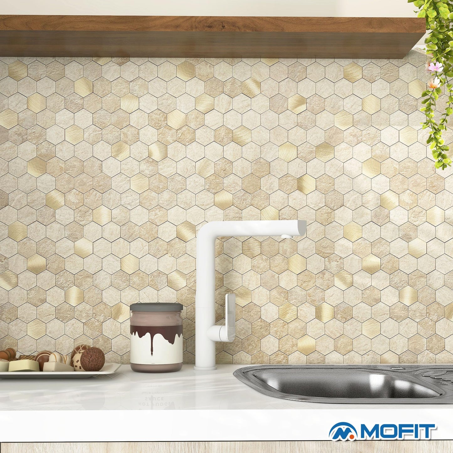 M MOFIT Hexagon Peel and Stick Backsplash Tiles Kitchen,Self-Adhesive Metal and Marble Honeycomb Peel and Stick Wall Tiles Sticker Mosaic Heat Resistant(Beige,10sheets)