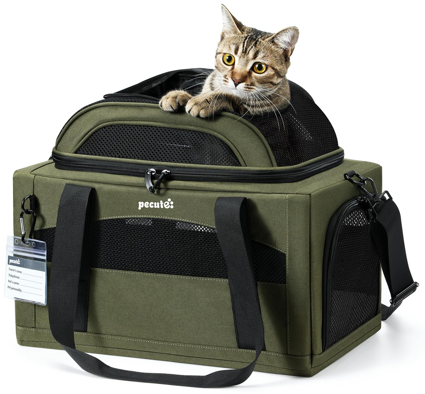 Pecute Top-Expandable Cat Carrier Airline Approved(42 * 28 * 23cm),Breathable Dog Carrier Soft-Sided Pet Carrier for Small Cats with Locking Safety Zippers and Waterprooff Pee Pad + Pet ID Tag,Green