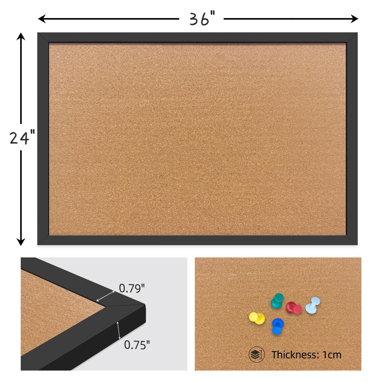 Yunihome Cork Bulletin Board, 36x24 Inches Hanging Cork Board Wooden Framed with Pins for Wall, Dorm Room, Office, Home Decor – Natural Cork & Black Frame