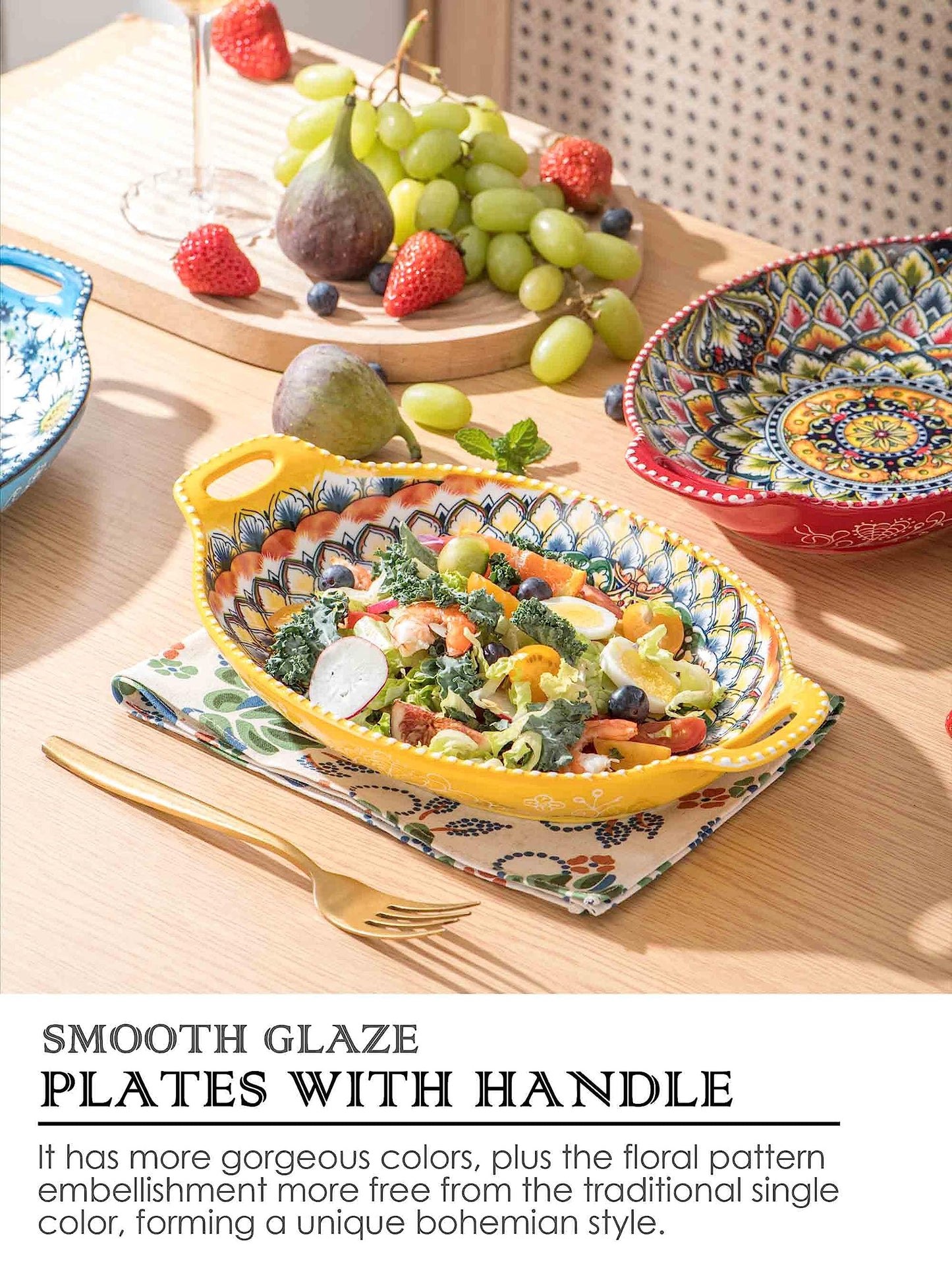 Henten Home Ceramic Pasta Bowls with Handle, Porcelain Floral Salad Bowls Set of 4, 32 oz Large Bohemia Serving Dish, Colorful Dinnerware Set, Microwave & Dishwasher Safe