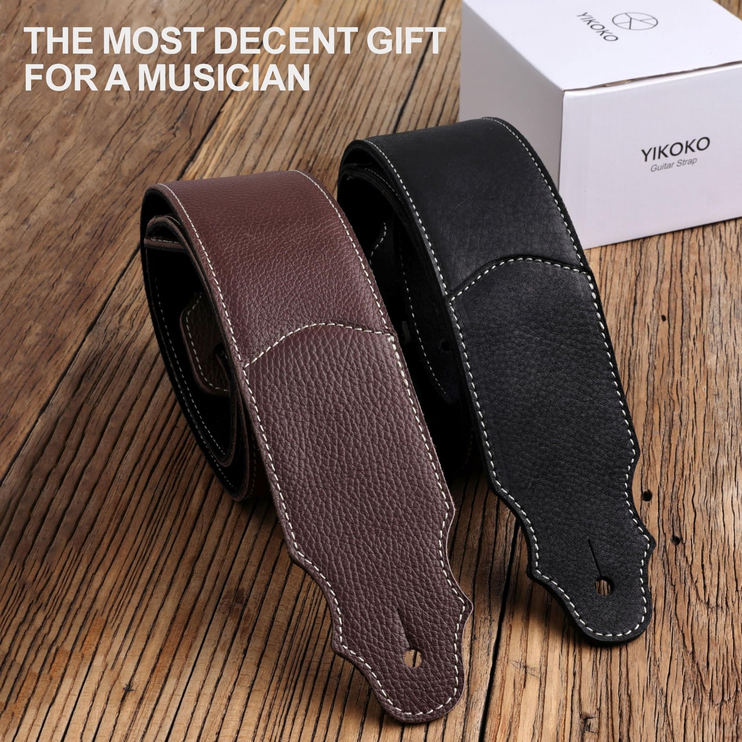 YIKOKO Guitar Strap, 3" Wide Soft Head Layer Cowhide Leather Guitar Straps with Foam Padding, for Acoustic, Bass and Electric Guitars