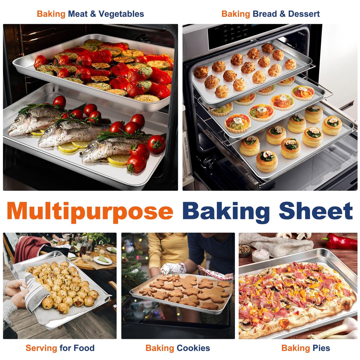P&P CHEF 16 Inch Baking Cookie Sheet, Oven Pan Tray Stainless Steel Sheet Pan for Kitchen, Oven Bakeware for Multi Uses, Shiny Look & Dishwasher Safe, Healthy & Heavy Duty, 2Pcs