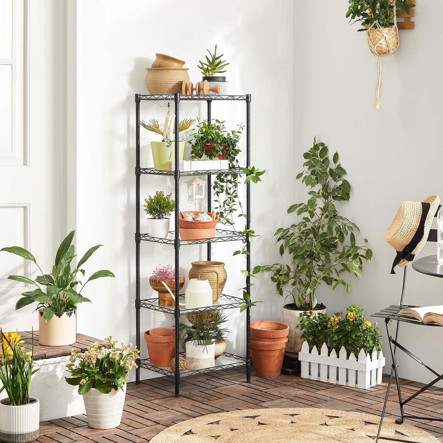 SONGMICS 5-Tier Metal Storage Shelves, Kitchen Wire Shelving Unit, Storage Rack with Adjustable Shelves, Shelf Liners, 8 Hooks, for Garage, 30 x 40 x 121 cm, Black ULGR115B01