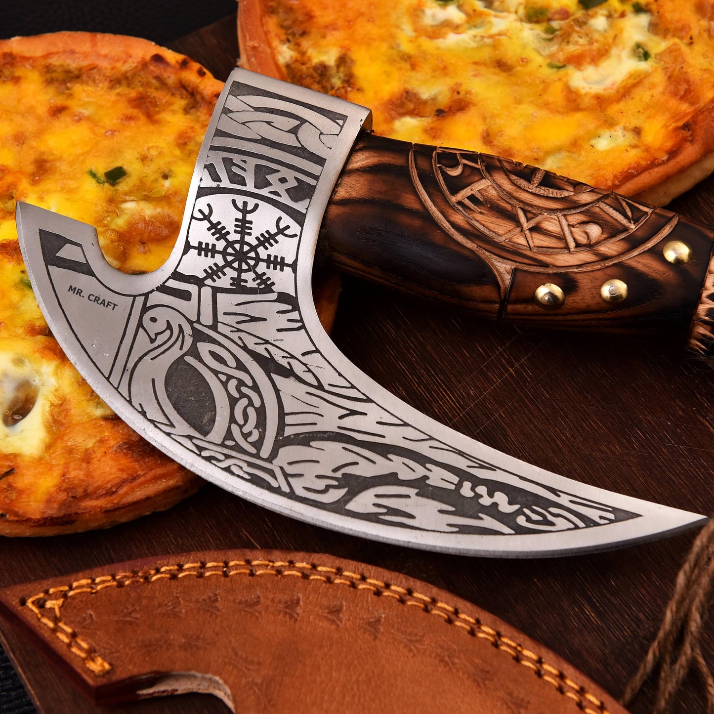 MR. CRAFT Pizza Cutter Axe Rocker by - Carbon Steel Slicer Chef Pizza Cutter Viking Axe with Leather Cover - Premium Pizza Oven Accessories Ulu Rocking Pizza Gift Gifts for Men (Engraved Ash Wood)