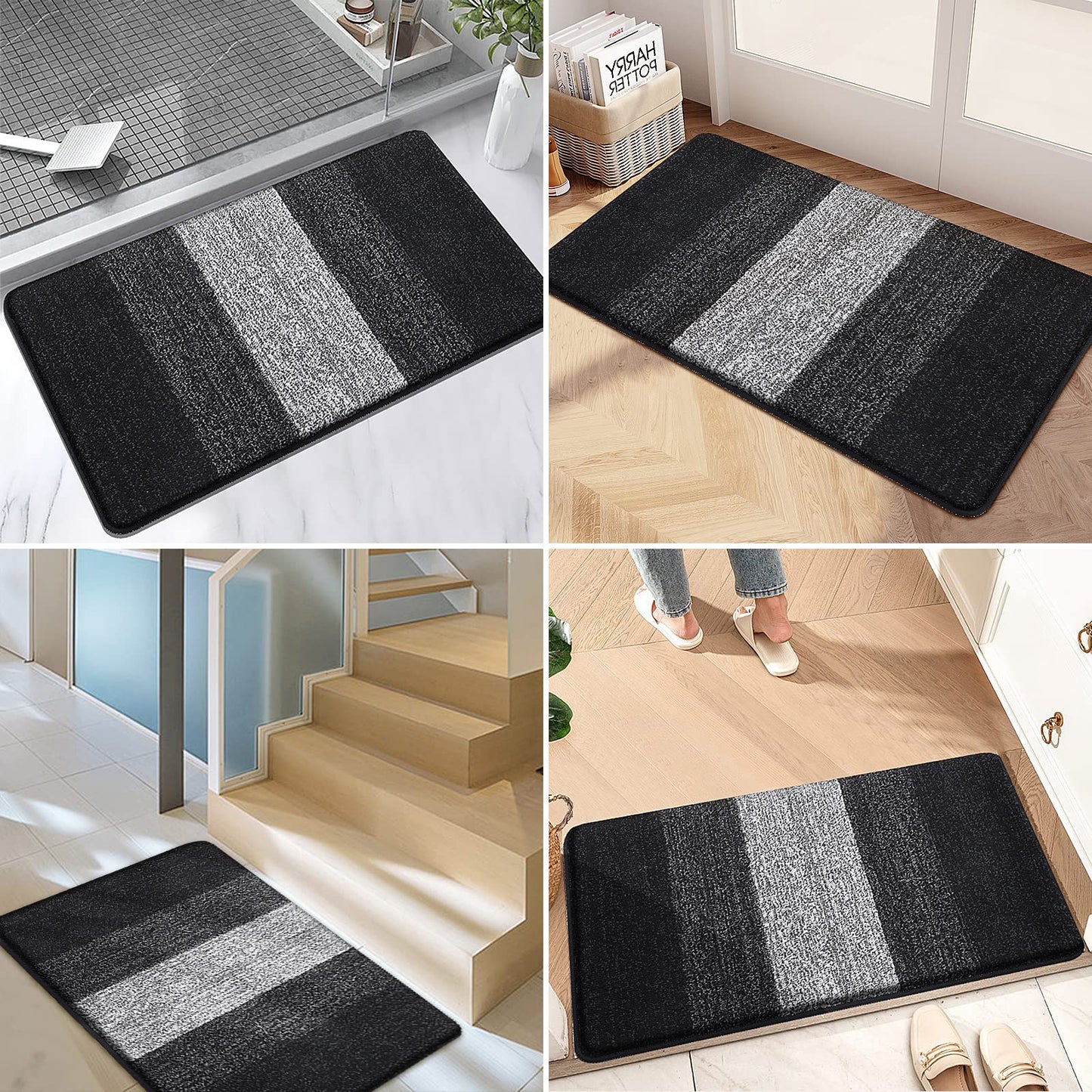 Grandaily Indoor Doormat, 32" x 48" Non-Slip Mud Trapper Absorbent Front Door Mats, Washable Striped Inside Entryway Mat, Low-Profile Welcome Mat Entrance Mat, Black