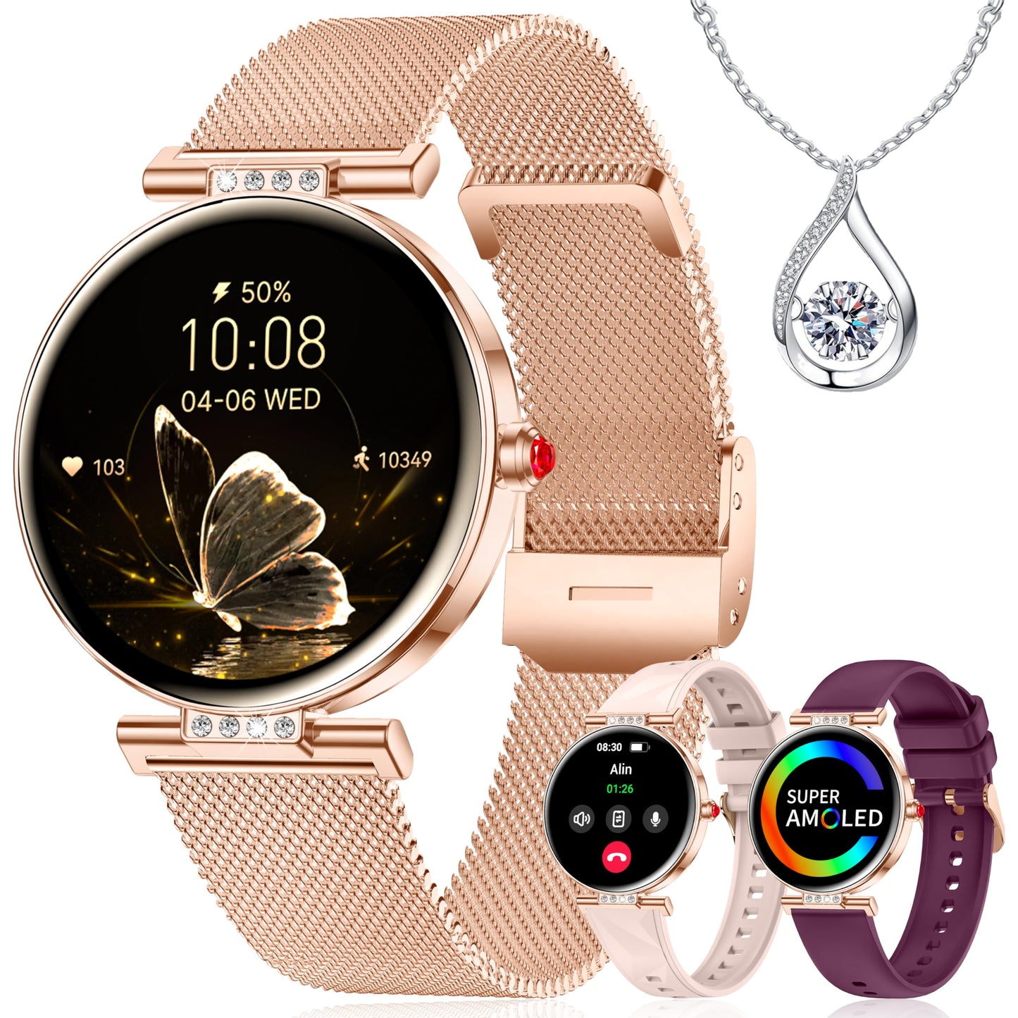 Smart Watch for Women 1.19” HD AMOLED Touchscreen Small Fitness Smartwatch with Bluetooth Call/DIY Dial/Heart Rate/Sleep Monitor, 120+ Sports Mode IP68 Waterproof for Android/iOS, Rose Gold 38MM