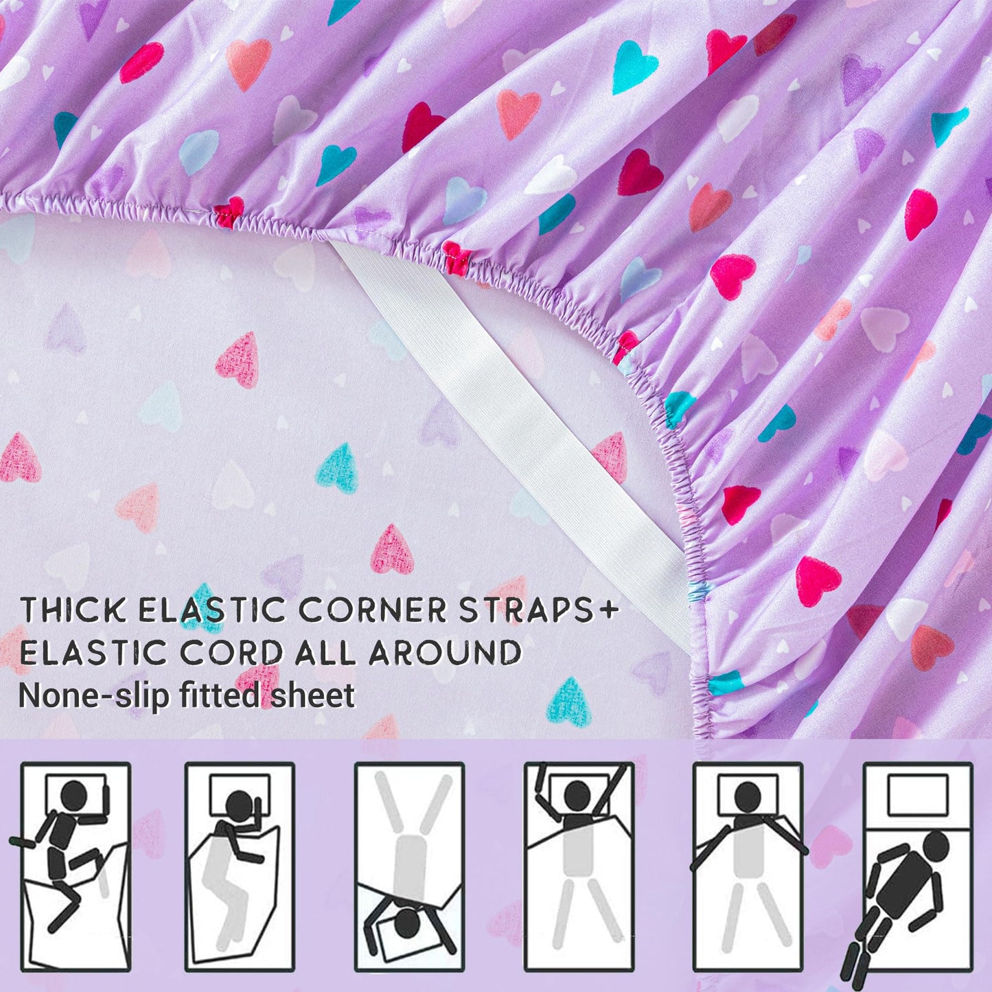 Viviland Kids Twin Sheet Set - Girls Purple Twin Sheet Set - Kids Toddlers Twin Microfiber Single Fitted Sheets and Pillowcase - Colorful Hearts Printed