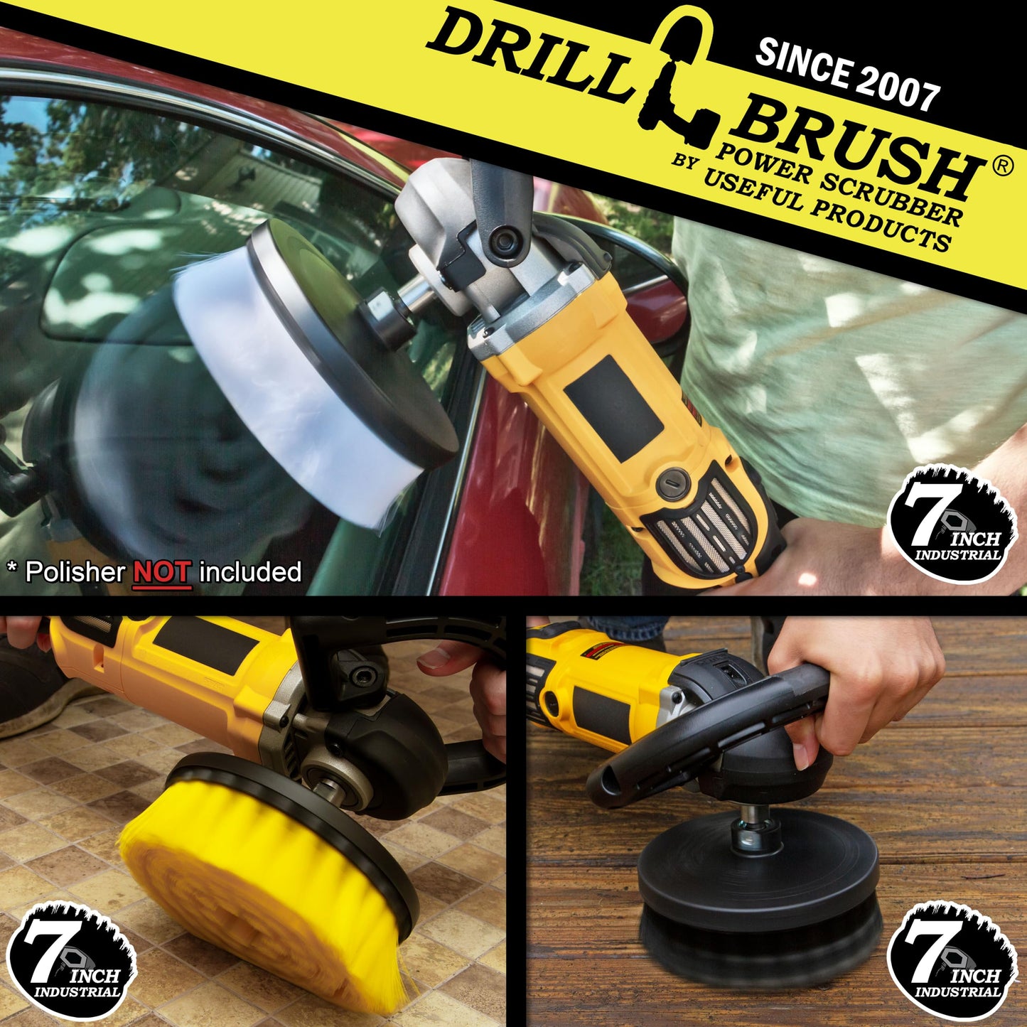 Cleaning Supplies - Floor Cleaner - 7 inch - Soft White - Carpet Cleaner - Medium Yellow - Shower Cleaner - Ultra Stiff Black - Variable Speed - Dual Action - Buffer Polisher - 5/8 x 11 Threaded Hub