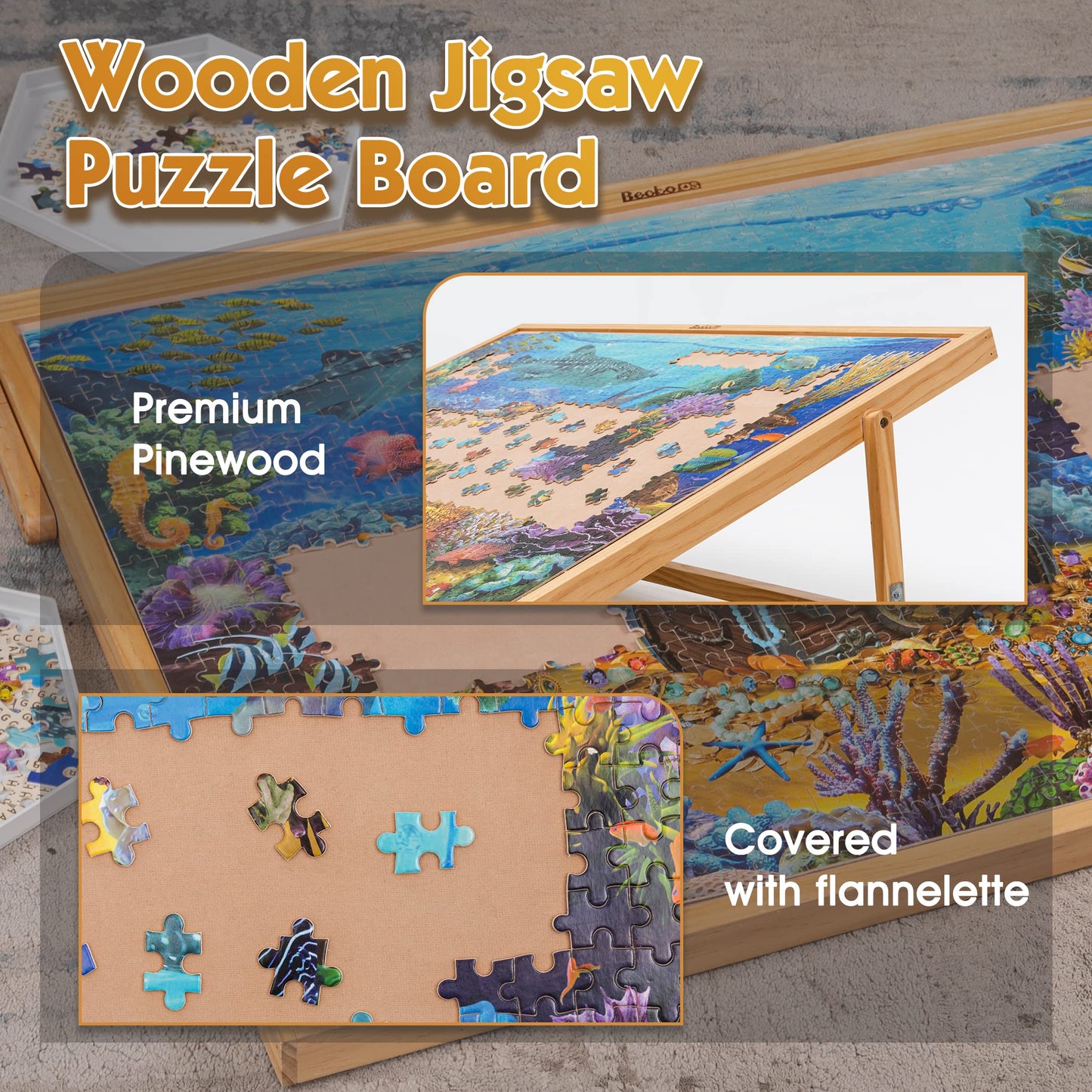 Becko Adjustable Wooden Puzzle Board Portable Jigsaw Puzzle Plateau 30.3 x 20inch Puzzle Board with Easel for Adults and Kids Up to 1000 Pieces