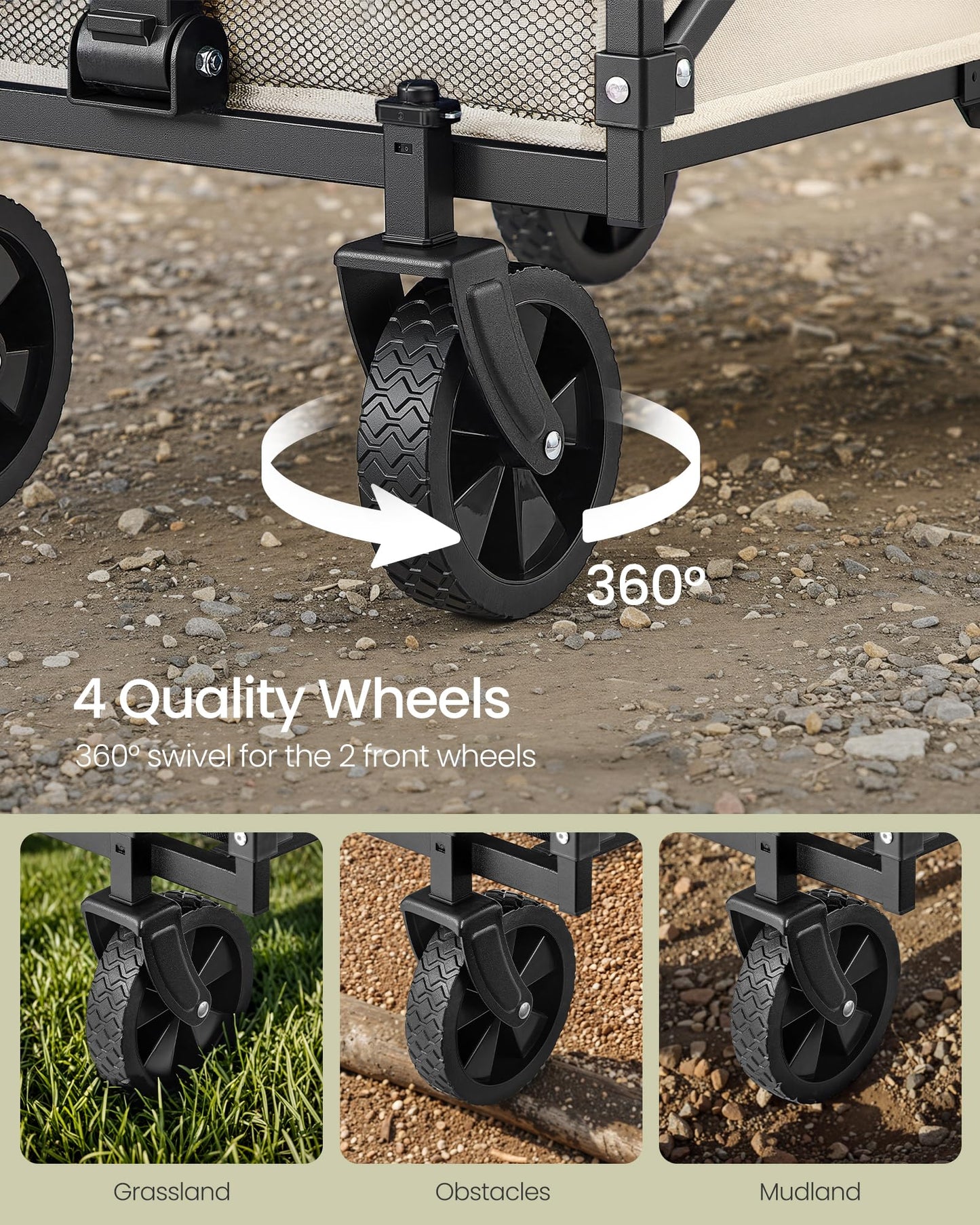 SONGMICS Collapsible Wagon, Foldable Wagon Cart, Folding Camp Cart with Wheels, for Outdoor, Yard, 180 kg Dynamic Weight Capacity, 90 L, Sand Beige UGFW909LF01