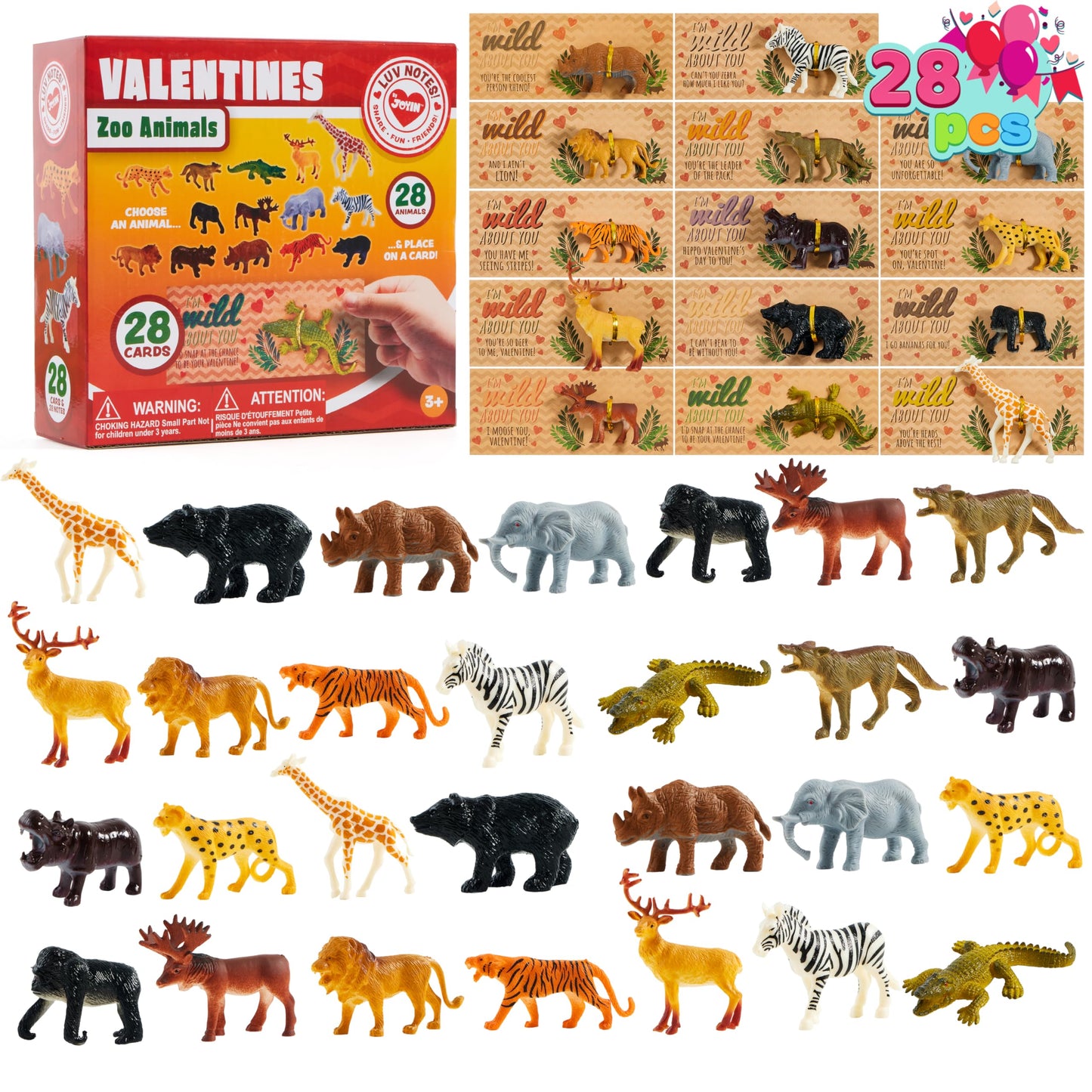 JOYIN 28Pack Valentines Day Cards with Zoo Animals Toys for Boys Girls Classroom Exchange
